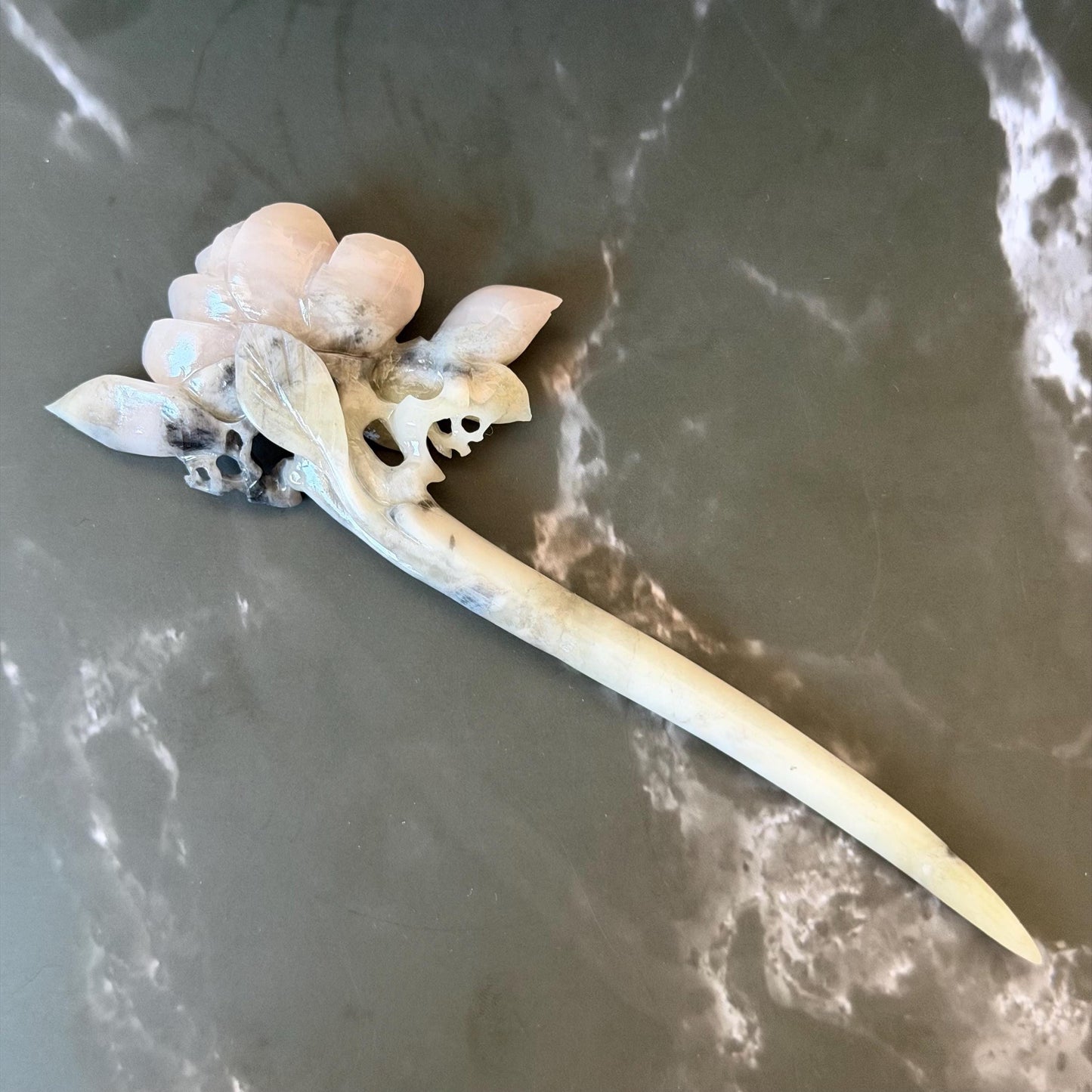 Xiu Jade Serpentine Hand Carved Pink Camellia Flower Hair Pin:  Natural Pink & Green Jade Handcrafted Hair Stick | Asian Vintage Hair Fork | Gift for her hand engraved peony carving flower carving pink jade green jade carving chinese hair fork japanese hair stick korean hair pin vintage hair comb bridal hair clip wedding headpiece bridal shower gift hairpins 3D carving natural untreated jade engagement hair jewelry handcrafted jade antique jade hair stick