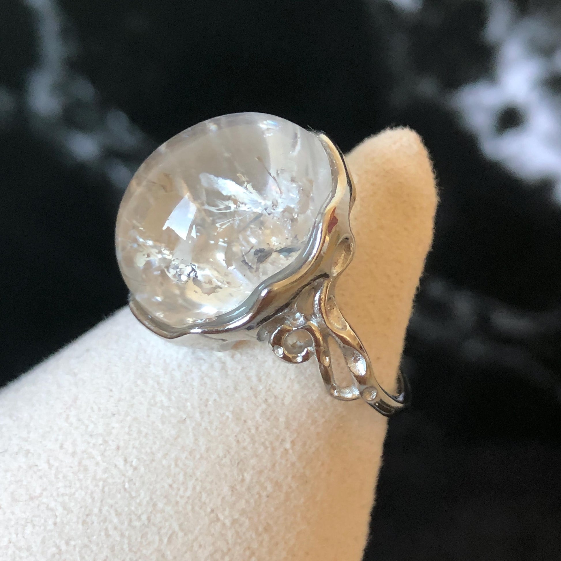 Polished Enhydro Quartz (Herkimer Diamond) S925 Silver Adjustable Ring: Rainbow! Moving Bubble Inclusion Crystal Statement Ring for Women crystal band ring crystal cocktail ring crystal stackable ring 7 chakra crystal ring meditation crystal healing stone birthstone silver ring ring for men rainbow quartz bubble inclusion quartz inclusion crystal