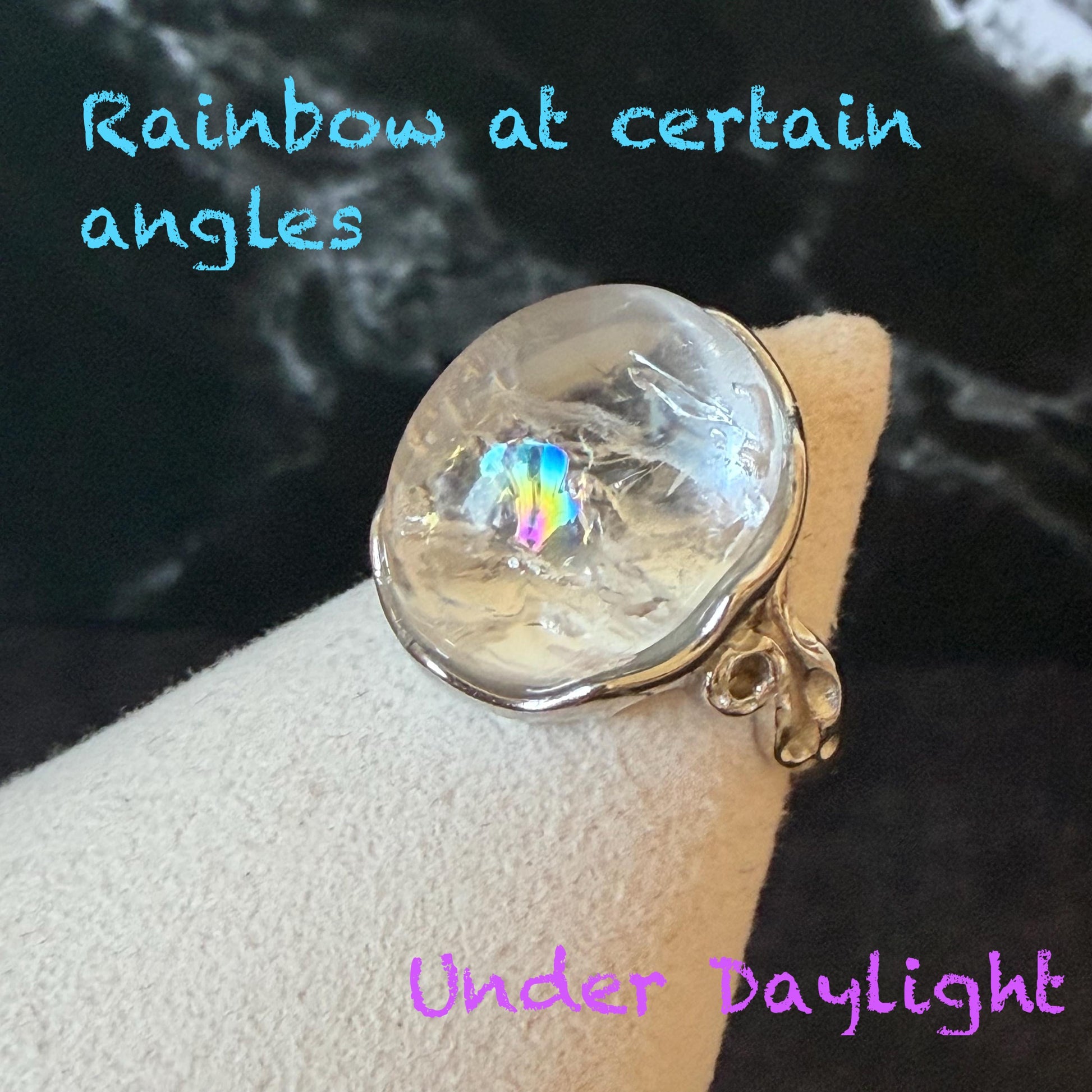 Polished Enhydro Quartz (Herkimer Diamond) S925 Silver Adjustable Ring: Rainbow! Moving Bubble Inclusion Crystal Statement Ring for Women crystal band ring crystal cocktail ring crystal stackable ring 7 chakra crystal ring meditation crystal healing stone birthstone silver ring ring for men rainbow quartz bubble inclusion quartz inclusion crystal