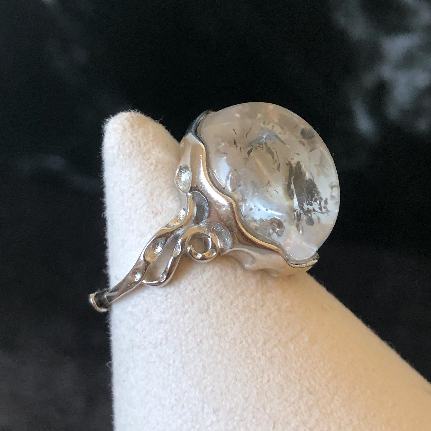 Polished Enhydro Quartz (Herkimer Diamond) S925 Silver Adjustable Ring: Rainbow! Moving Bubble Inclusion Crystal Statement Ring for Women crystal band ring crystal cocktail ring crystal stackable ring 7 chakra crystal ring meditation crystal healing stone birthstone silver ring ring for men rainbow quartz bubble inclusion quartz inclusion crystal