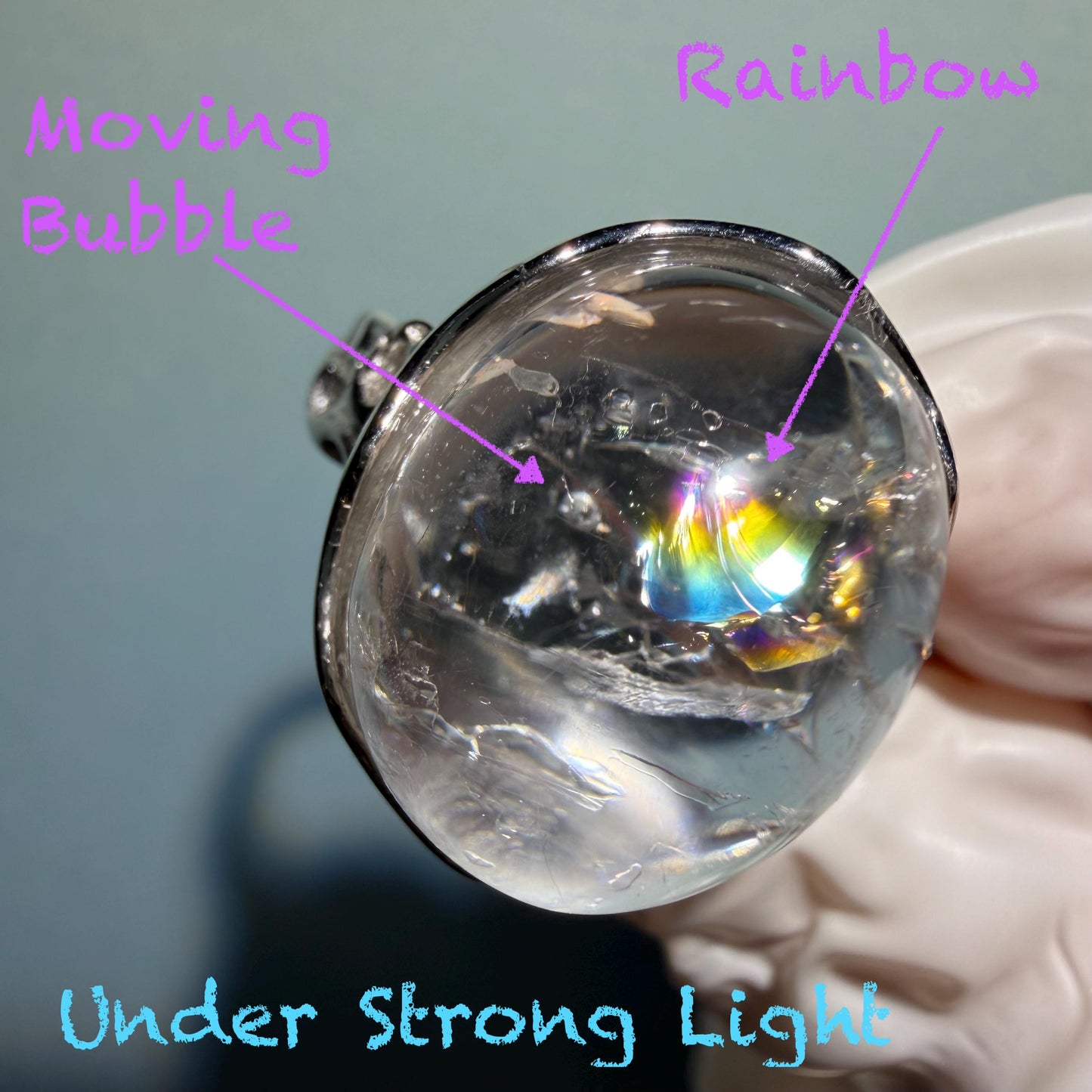 Polished Enhydro Quartz (Herkimer Diamond) S925 Silver Adjustable Ring: Rainbow! Moving Bubble Inclusion Crystal Statement Ring for Women crystal band ring crystal cocktail ring crystal stackable ring 7 chakra crystal ring meditation crystal healing stone birthstone silver ring ring for men rainbow quartz bubble inclusion quartz inclusion crystal