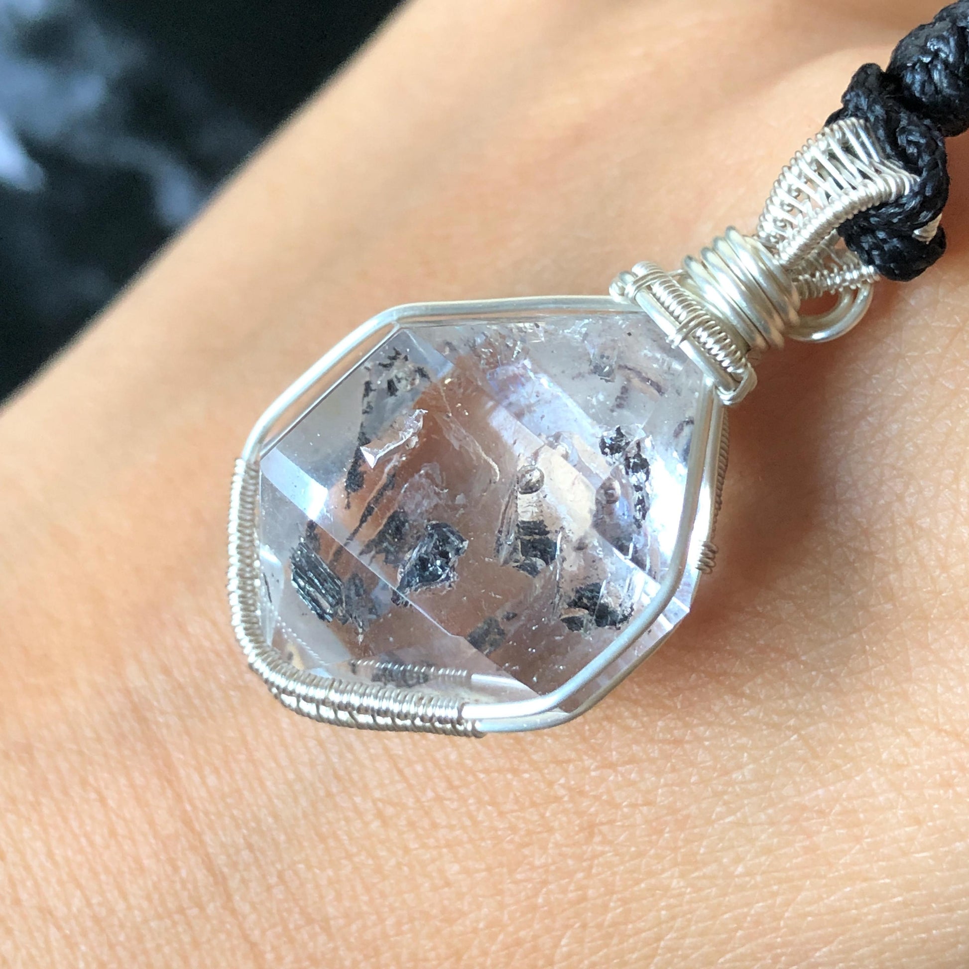 Rare Polished Enhydro Quartz (Herkimer Diamond) Wire Wrapped Pendant Adjustable Necklace | Rainbow! 2 Sites of Moving Sand & Clear Bubble Inclusion Crystal | Natural Gemstone Birthstone Gift for her Rainbow Quartz Rainbow crystal enhydro quartz sand water-fall pendant necklace choker gemstone charm stone pendant choker polished stone pendant crystal charm birthstone gift for her men necklace chakra crystal purify stone minerals specimen adjustable choker  silver wire wrapped pendant