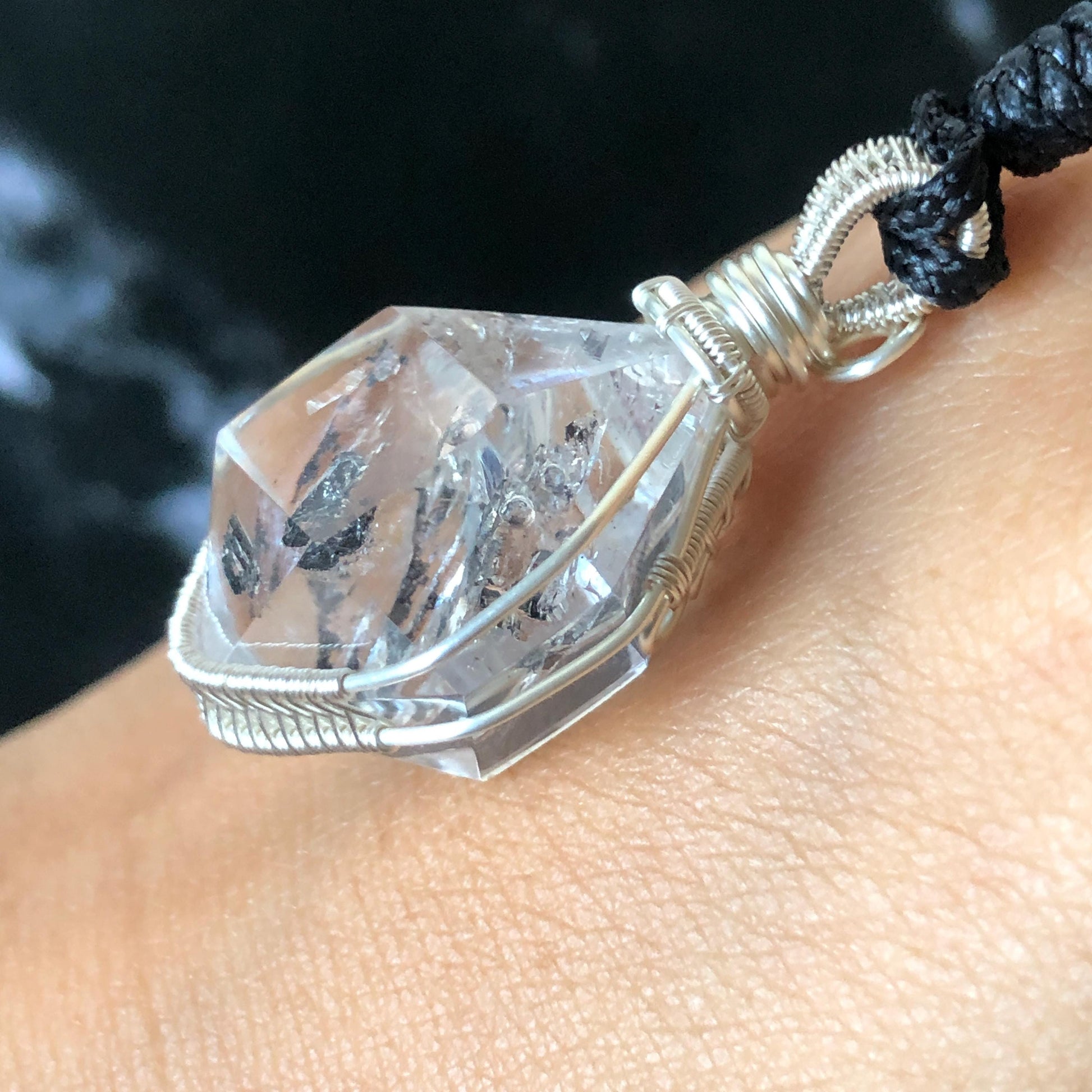 Rare Polished Enhydro Quartz (Herkimer Diamond) Wire Wrapped Pendant Adjustable Necklace | Rainbow! 2 Sites of Moving Sand & Clear Bubble Inclusion Crystal | Natural Gemstone Birthstone Gift for her Rainbow Quartz Rainbow crystal enhydro quartz sand water-fall pendant necklace choker gemstone charm stone pendant choker polished stone pendant crystal charm birthstone gift for her men necklace chakra crystal purify stone minerals specimen adjustable choker  silver wire wrapped pendant