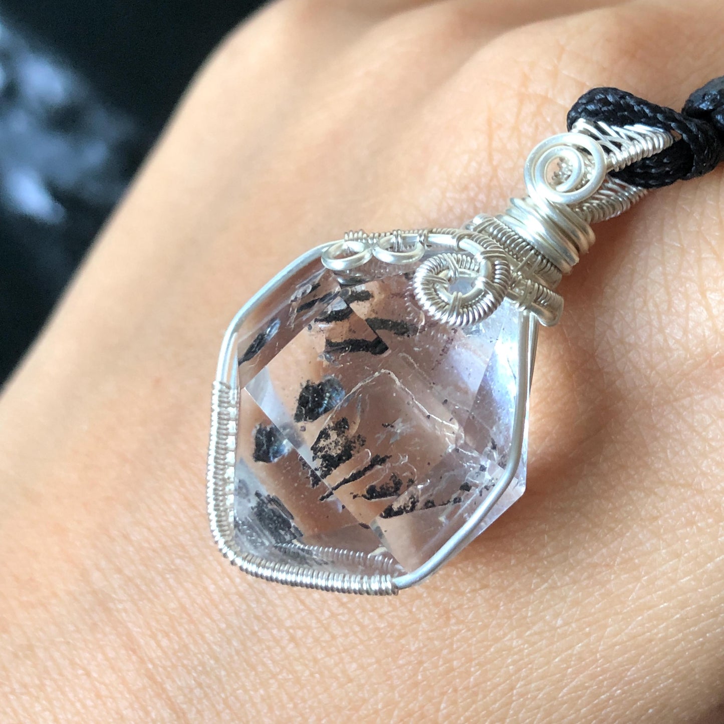 Rare Polished Enhydro Quartz (Herkimer Diamond) Wire Wrapped Pendant Adjustable Necklace | Rainbow! 2 Sites of Moving Sand & Clear Bubble Inclusion Crystal | Natural Gemstone Birthstone Gift for her Rainbow Quartz Rainbow crystal enhydro quartz sand water-fall pendant necklace choker gemstone charm stone pendant choker polished stone pendant crystal charm birthstone gift for her men necklace chakra crystal purify stone minerals specimen adjustable choker  silver wire wrapped pendant