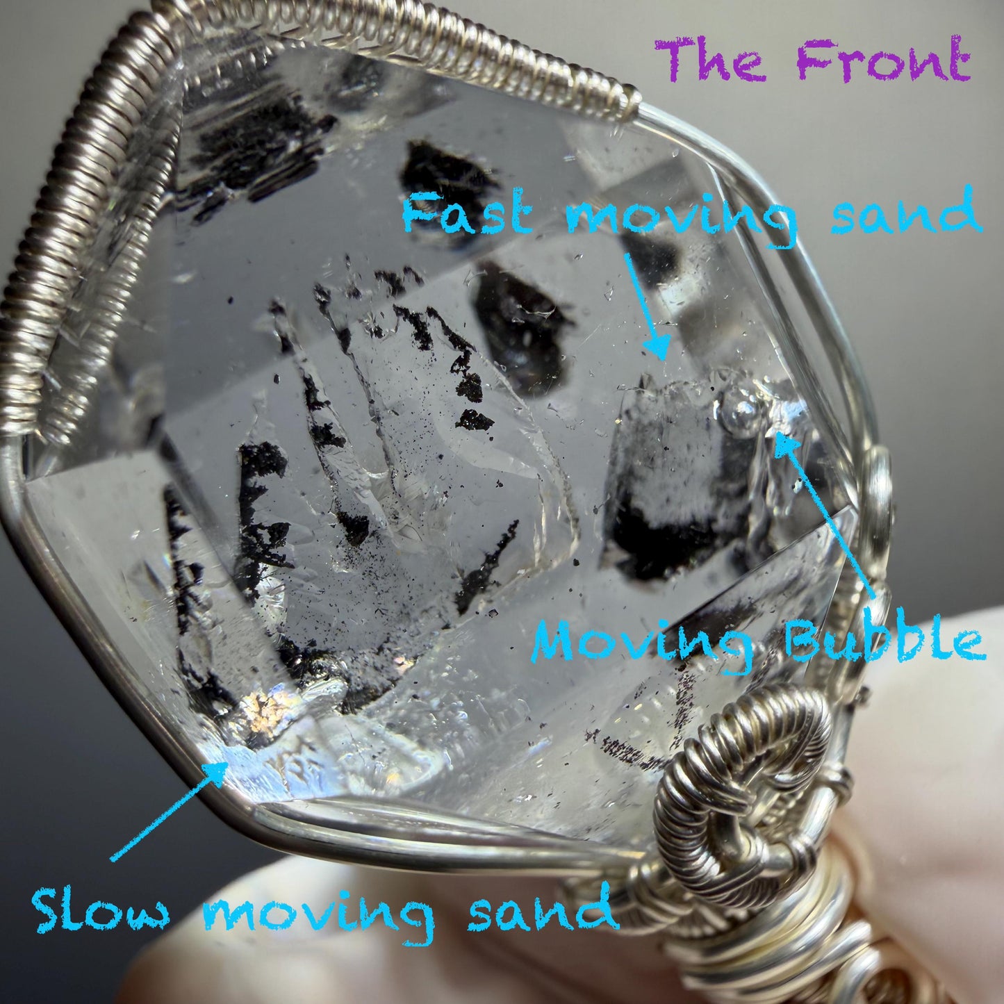 Rare Polished Enhydro Quartz (Herkimer Diamond) Wire Wrapped Pendant Adjustable Necklace | Rainbow! 2 Sites of Moving Sand & Clear Bubble Inclusion Crystal | Natural Gemstone Birthstone Gift for her Rainbow Quartz Rainbow crystal enhydro quartz sand water-fall pendant necklace choker gemstone charm stone pendant choker polished stone pendant crystal charm birthstone gift for her men necklace chakra crystal purify stone minerals specimen adjustable choker  silver wire wrapped pendant