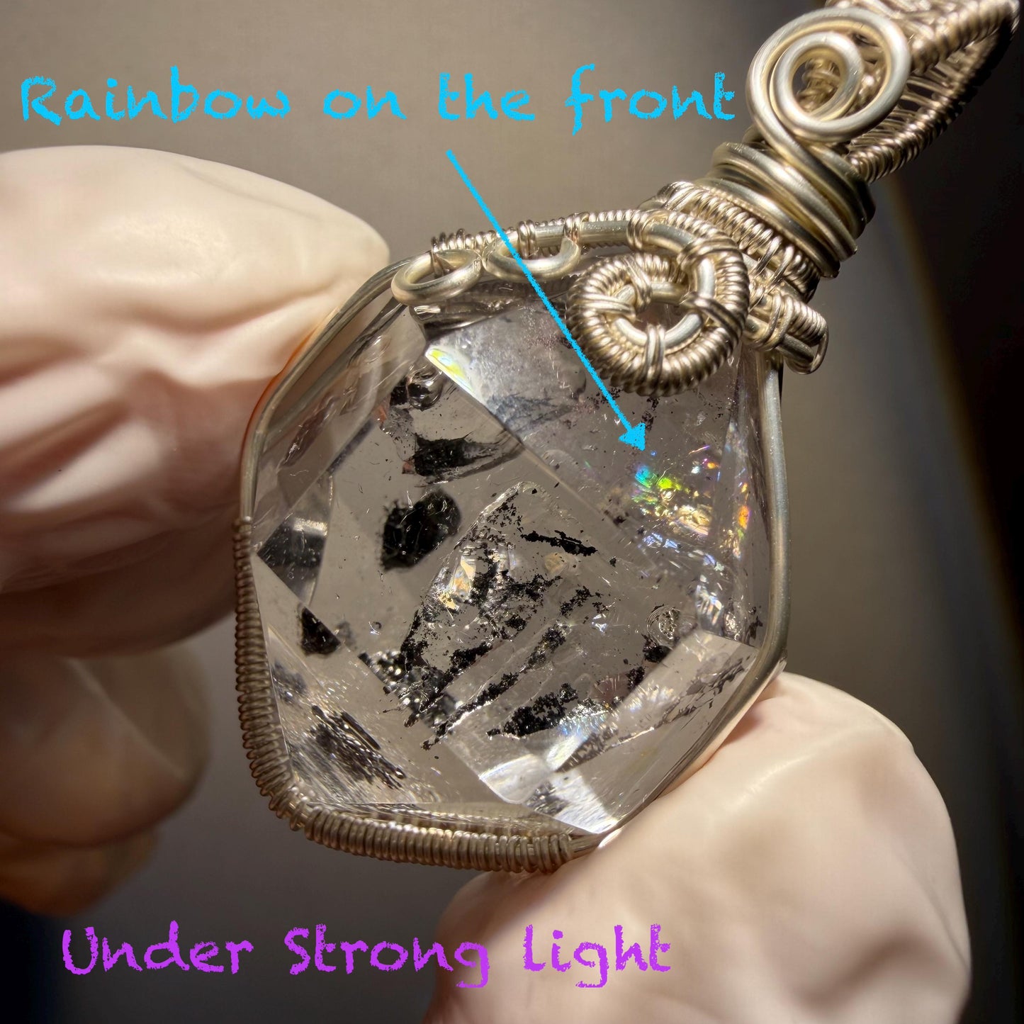 Rare Polished Enhydro Quartz (Herkimer Diamond) Wire Wrapped Pendant Adjustable Necklace | Rainbow! 2 Sites of Moving Sand & Clear Bubble Inclusion Crystal | Natural Gemstone Birthstone Gift for her Rainbow Quartz Rainbow crystal enhydro quartz sand water-fall pendant necklace choker gemstone charm stone pendant choker polished stone pendant crystal charm birthstone gift for her men necklace chakra crystal purify stone minerals specimen adjustable choker  silver wire wrapped pendant