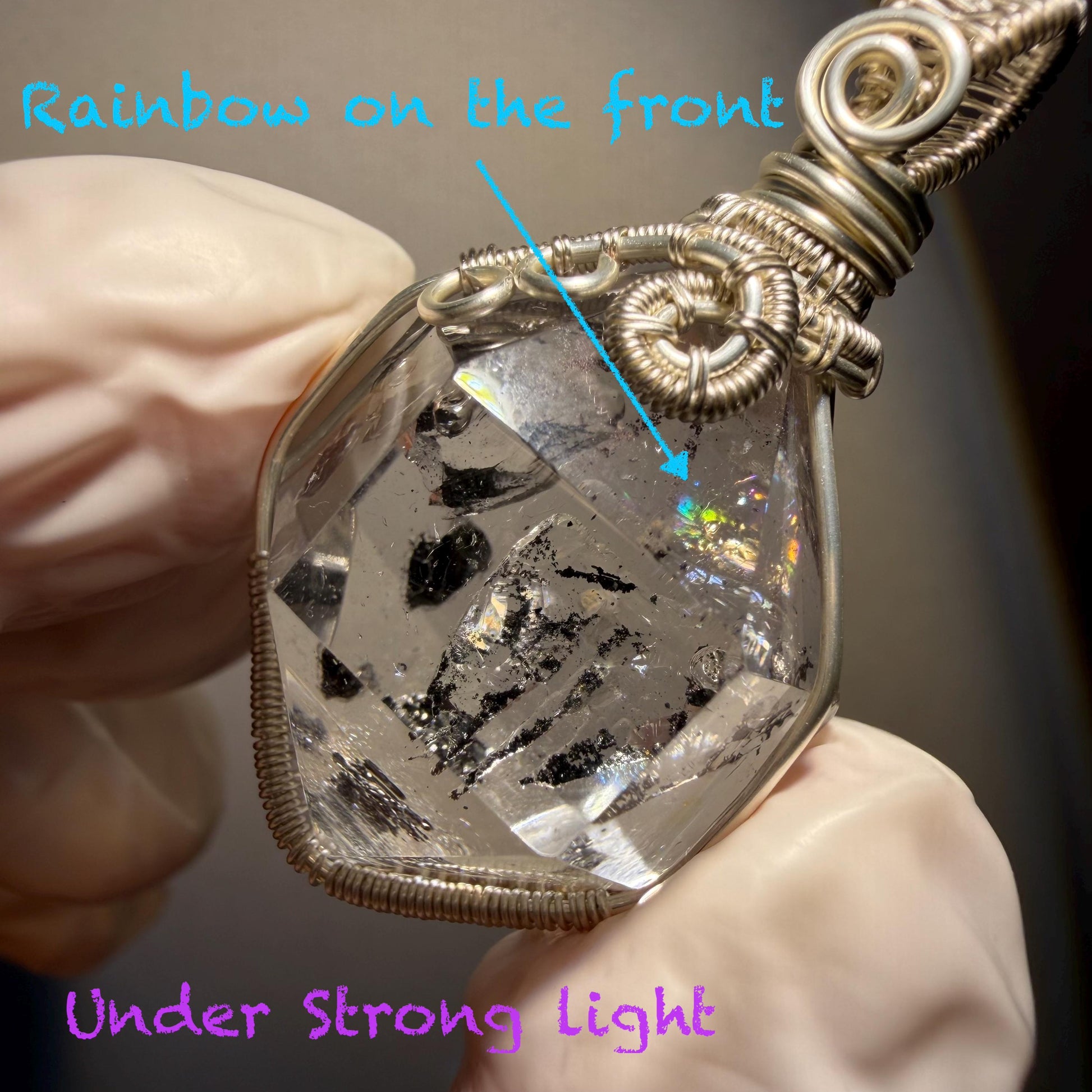 Rare Polished Enhydro Quartz (Herkimer Diamond) Wire Wrapped Pendant Adjustable Necklace | Rainbow! 2 Sites of Moving Sand & Clear Bubble Inclusion Crystal | Natural Gemstone Birthstone Gift for her Rainbow Quartz Rainbow crystal enhydro quartz sand water-fall pendant necklace choker gemstone charm stone pendant choker polished stone pendant crystal charm birthstone gift for her men necklace chakra crystal purify stone minerals specimen adjustable choker  silver wire wrapped pendant