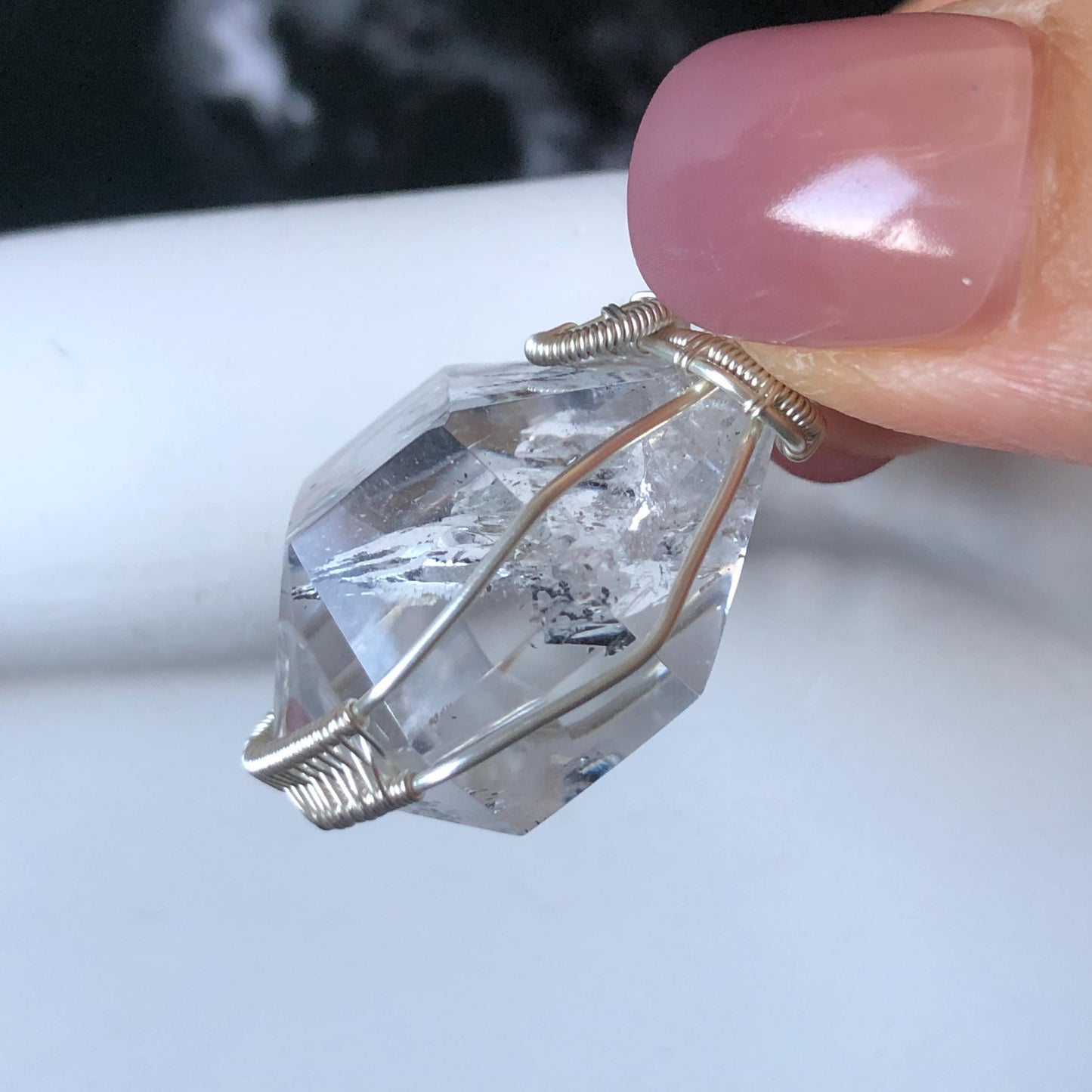 Rare Polished Enhydro Quartz (Herkimer Diamond) Wire Wrapped Pendant Adjustable Necklace | Rainbow! 2 Sites of Moving Sand & Clear Bubble Inclusion Crystal | Natural Gemstone Birthstone Gift for her Rainbow Quartz Rainbow crystal enhydro quartz sand water-fall pendant necklace choker gemstone charm stone pendant choker polished stone pendant crystal charm birthstone gift for her men necklace chakra crystal purify stone minerals specimen adjustable choker  silver wire wrapped pendant