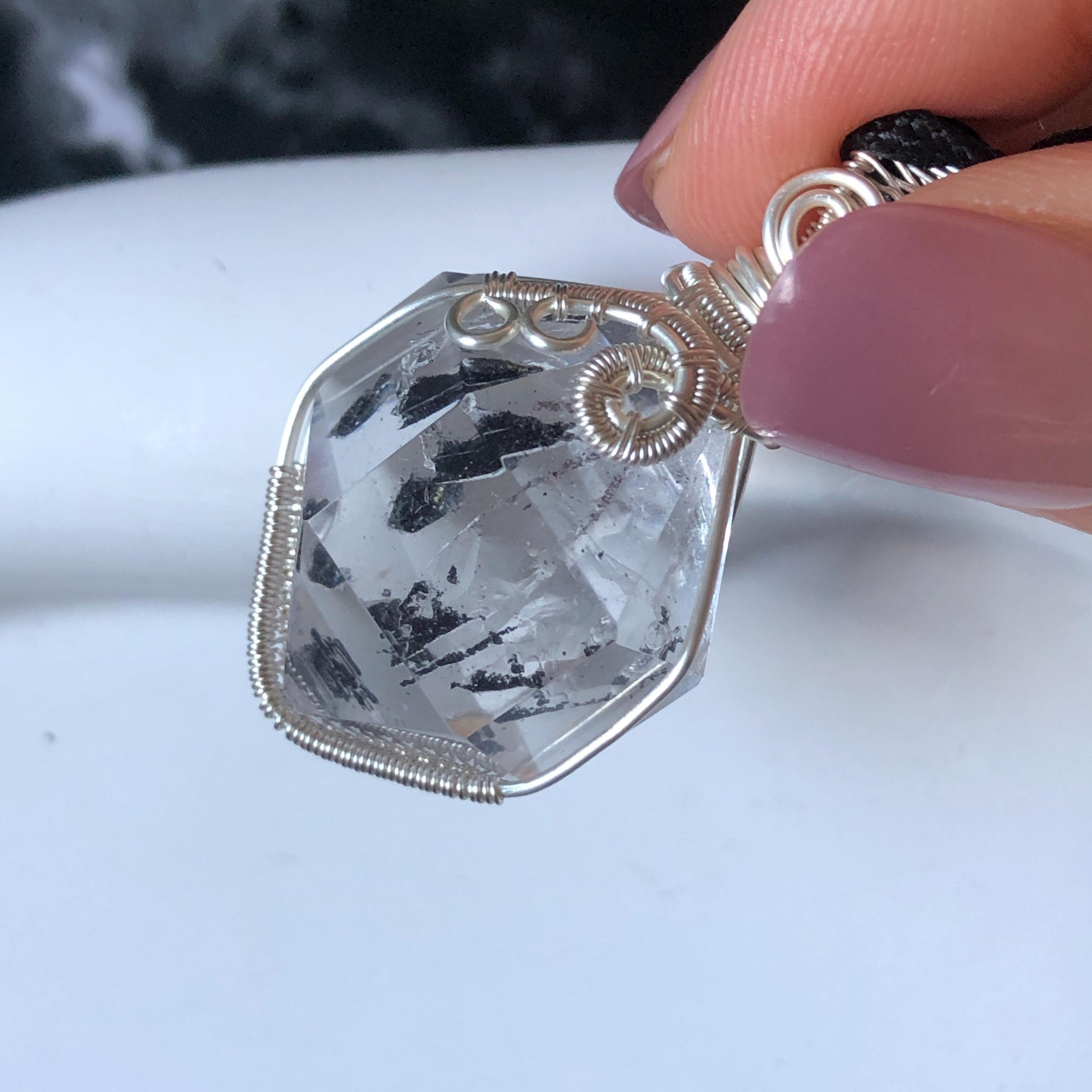 Rare Polished Enhydro Quartz (Herkimer Diamond) Wire Wrapped Pendant Adjustable Necklace | Rainbow! 2 Sites of Moving Sand & Clear Bubble Inclusion Crystal | Natural Gemstone Birthstone Gift for her Rainbow Quartz Rainbow crystal enhydro quartz sand water-fall pendant necklace choker gemstone charm stone pendant choker polished stone pendant crystal charm birthstone gift for her men necklace chakra crystal purify stone minerals specimen adjustable choker  silver wire wrapped pendant