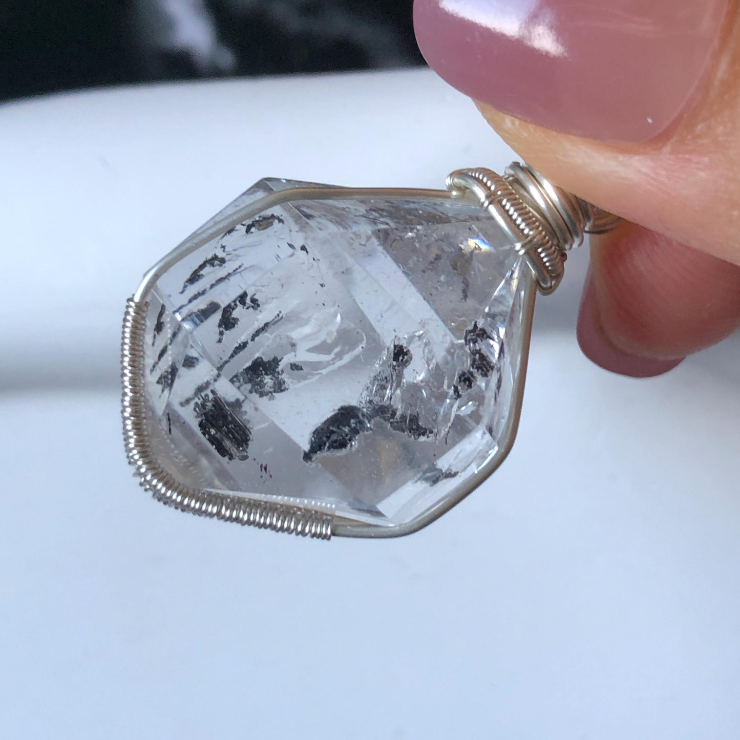 Rare Polished Enhydro Quartz (Herkimer Diamond) Wire Wrapped Pendant Adjustable Necklace | Rainbow! 2 Sites of Moving Sand & Clear Bubble Inclusion Crystal | Natural Gemstone Birthstone Gift for her Rainbow Quartz Rainbow crystal enhydro quartz sand water-fall pendant necklace choker gemstone charm stone pendant choker polished stone pendant crystal charm birthstone gift for her men necklace chakra crystal purify stone minerals specimen adjustable choker  silver wire wrapped pendant