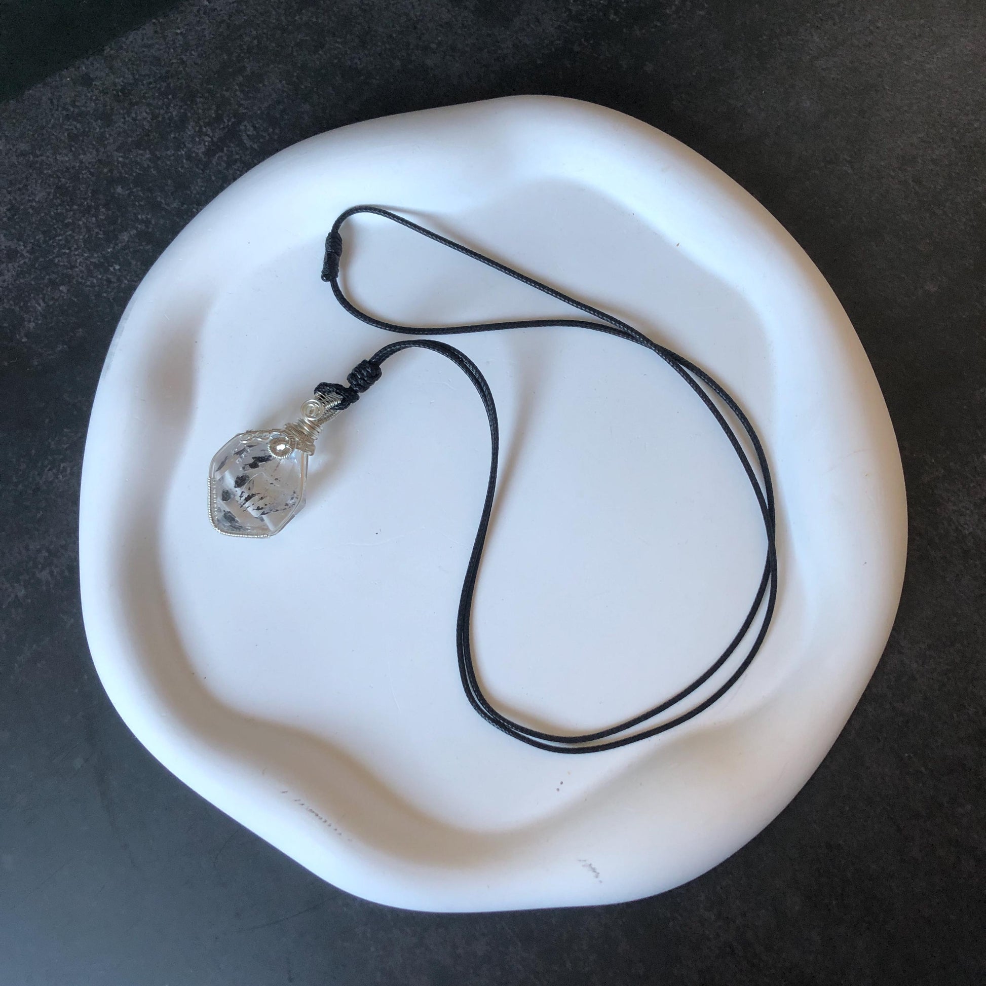 Rare Polished Enhydro Quartz (Herkimer Diamond) Wire Wrapped Pendant Adjustable Necklace | Rainbow! 2 Sites of Moving Sand & Clear Bubble Inclusion Crystal | Natural Gemstone Birthstone Gift for her Rainbow Quartz Rainbow crystal enhydro quartz sand water-fall pendant necklace choker gemstone charm stone pendant choker polished stone pendant crystal charm birthstone gift for her men necklace chakra crystal purify stone minerals specimen adjustable choker  silver wire wrapped pendant