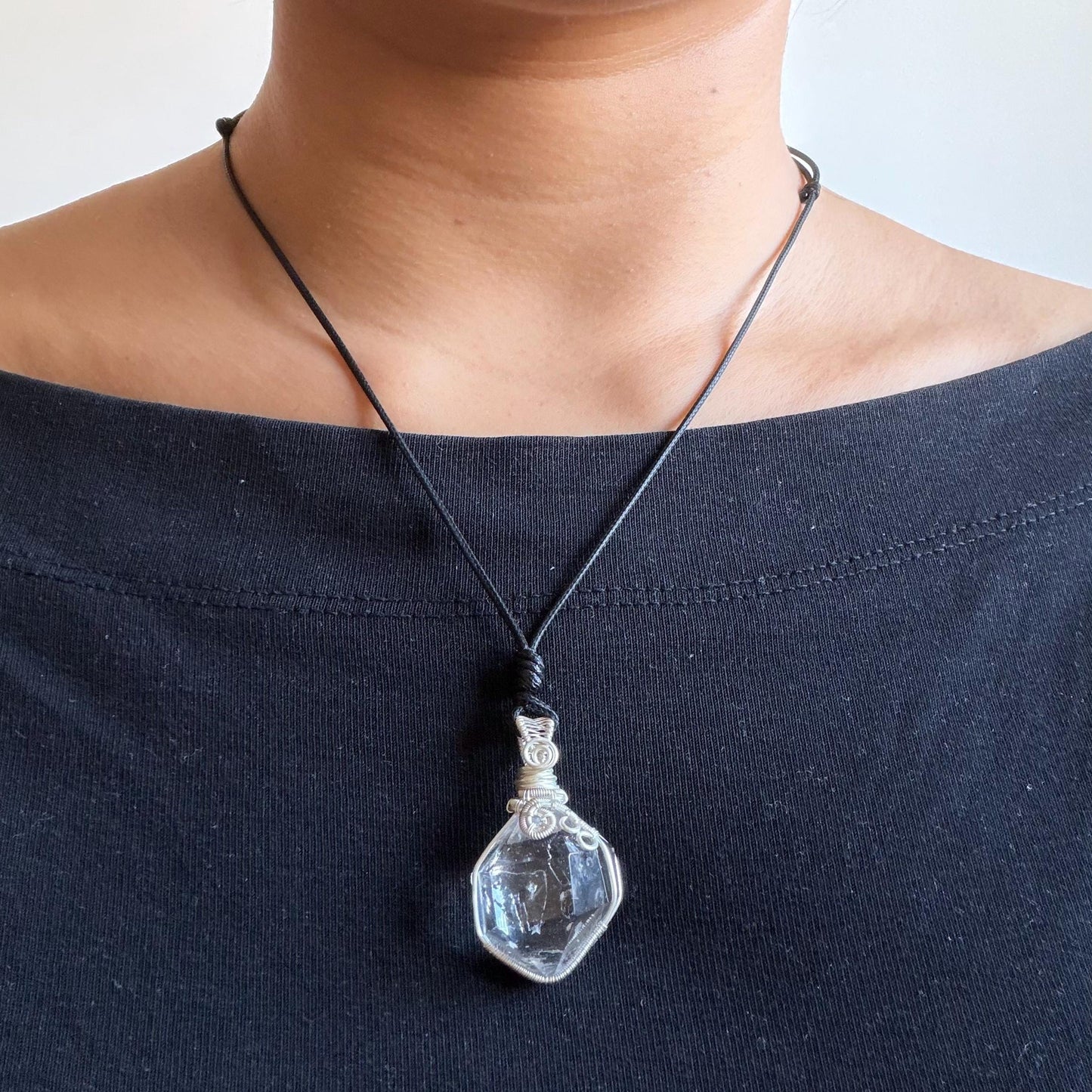 Rare Polished Enhydro Quartz (Herkimer Diamond) Wire Wrapped Pendant Adjustable Necklace | Rainbow! 2 Sites of Moving Sand & Clear Bubble Inclusion Crystal | Natural Gemstone Birthstone Gift for her Rainbow Quartz Rainbow crystal enhydro quartz sand water-fall pendant necklace choker gemstone charm stone pendant choker polished stone pendant crystal charm birthstone gift for her men necklace chakra crystal purify stone minerals specimen adjustable choker  silver wire wrapped pendant