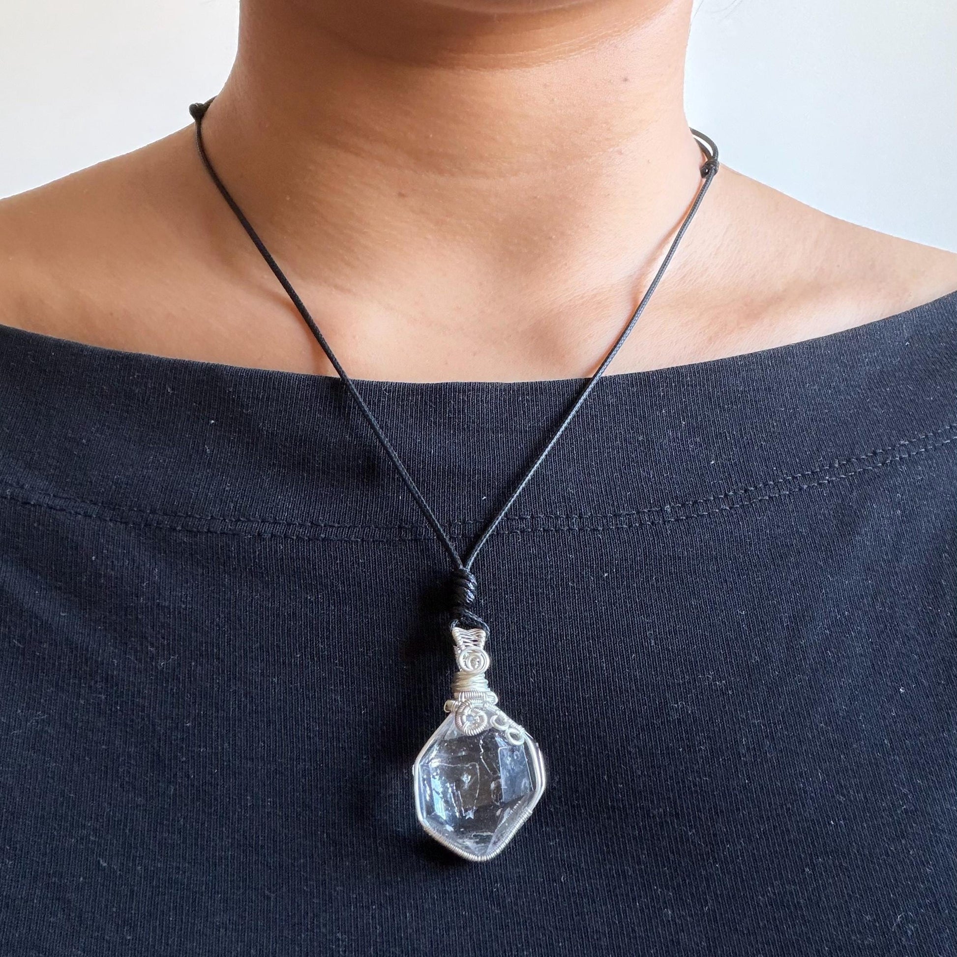 Rare Polished Enhydro Quartz (Herkimer Diamond) Wire Wrapped Pendant Adjustable Necklace | Rainbow! 2 Sites of Moving Sand & Clear Bubble Inclusion Crystal | Natural Gemstone Birthstone Gift for her Rainbow Quartz Rainbow crystal enhydro quartz sand water-fall pendant necklace choker gemstone charm stone pendant choker polished stone pendant crystal charm birthstone gift for her men necklace chakra crystal purify stone minerals specimen adjustable choker  silver wire wrapped pendant