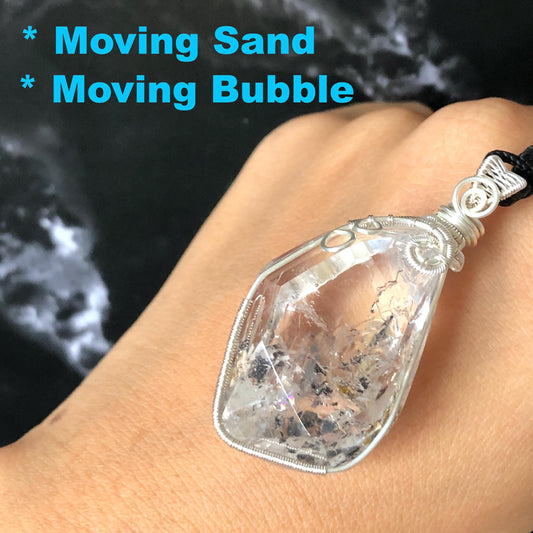 Polished  Enhydro Quartz (Herkimer Diamond) Wire Wrapped Pendant Adjustable Necklace:  Moving Sand & Clear Bubble Inclusion Crystal | Natural Gemstone Birthstone Gift for her enhydro quartz sand water-fall pendant necklace choker gemstone charm stone pendant choker polished stone pendant crystal charm birthstone gift for her men necklace chakra crystal purify stone minerals specimen adjustable choker mica quartz mica flakes silver wire wrapped pendant rainbow quartz
