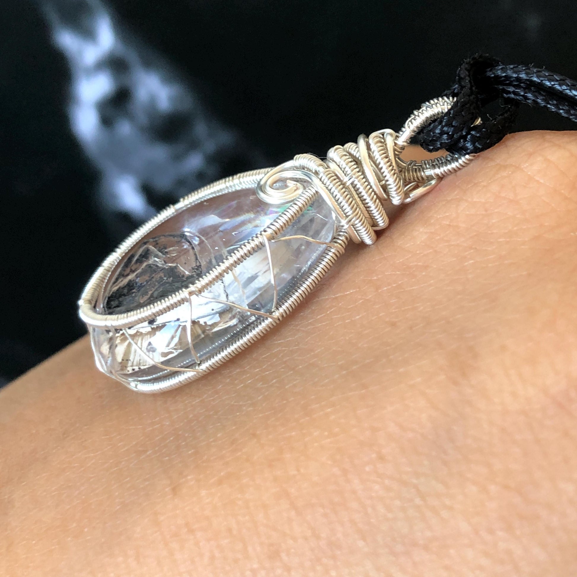 Rare Polished Enhydro Quartz (Herkimer Diamond) Wire Wrapped Pendant Adjustable Necklace: Sand Waterfall! Moving Sand & Mica, Clear Bubble Inclusion Crystal | Natural Gemstone Birthstone Gift for her enhydro quartz sand water-fall pendant necklace choker gemstone charm stone pendant choker polished stone pendant crystal charm birthstone gift for her men necklace chakra crystal purify stone minerals specimen adjustable choker mica quartz mica flakes silver wire wrapped pendant