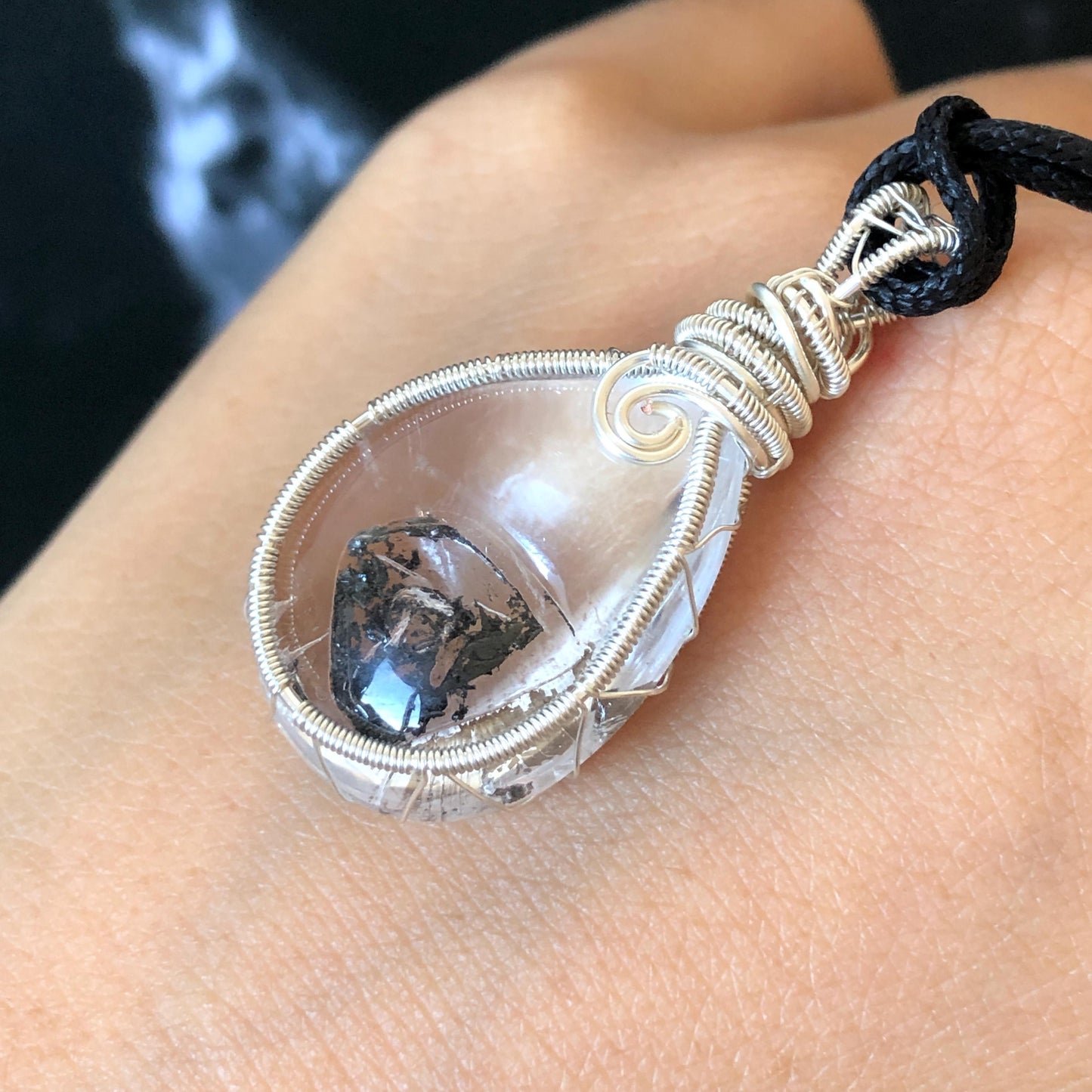 Rare Polished Enhydro Quartz (Herkimer Diamond) Wire Wrapped Pendant Adjustable Necklace: Sand Waterfall! Moving Sand & Mica, Clear Bubble Inclusion Crystal | Natural Gemstone Birthstone Gift for her enhydro quartz sand water-fall pendant necklace choker gemstone charm stone pendant choker polished stone pendant crystal charm birthstone gift for her men necklace chakra crystal purify stone minerals specimen adjustable choker mica quartz mica flakes silver wire wrapped pendant