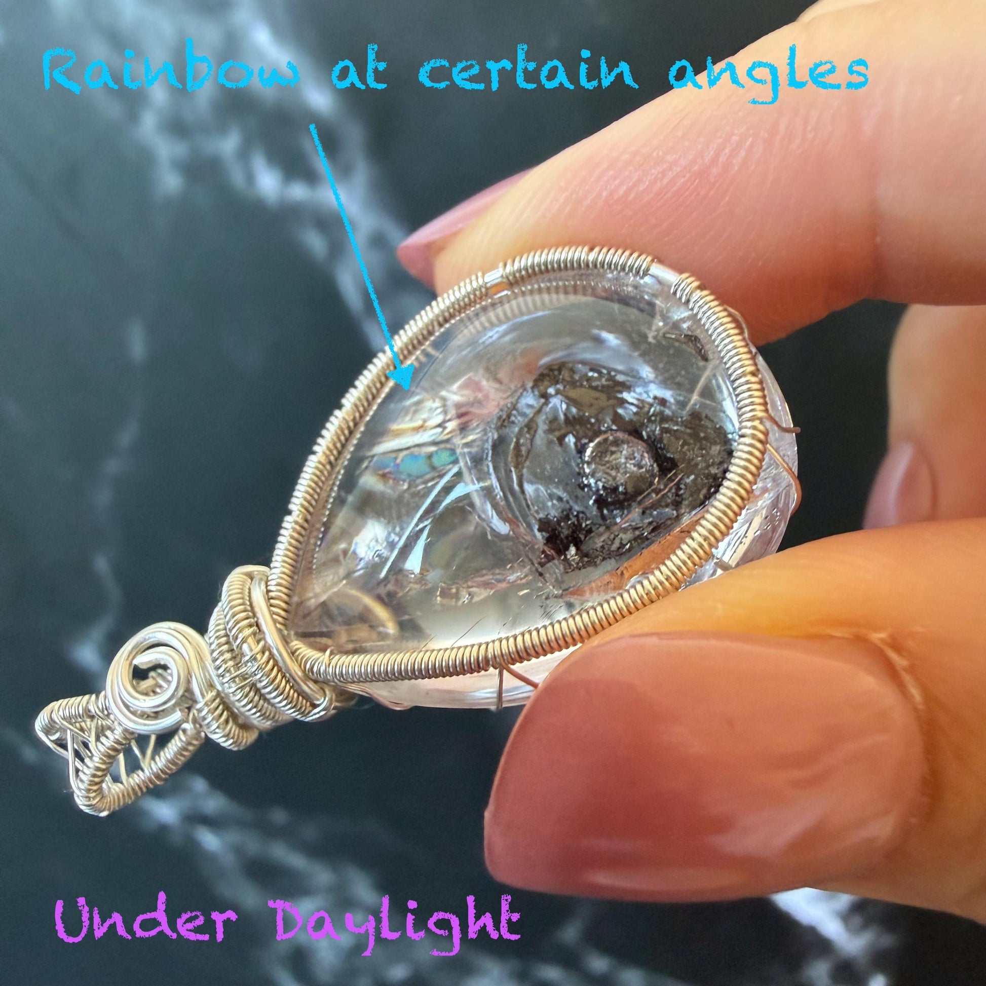 Rare Polished Enhydro Quartz (Herkimer Diamond) Wire Wrapped Pendant Adjustable Necklace: Sand Waterfall! Moving Sand & Mica, Clear Bubble Inclusion Crystal | Natural Gemstone Birthstone Gift for her enhydro quartz sand water-fall pendant necklace choker gemstone charm stone pendant choker polished stone pendant crystal charm birthstone gift for her men necklace chakra crystal purify stone minerals specimen adjustable choker mica quartz mica flakes silver wire wrapped pendant