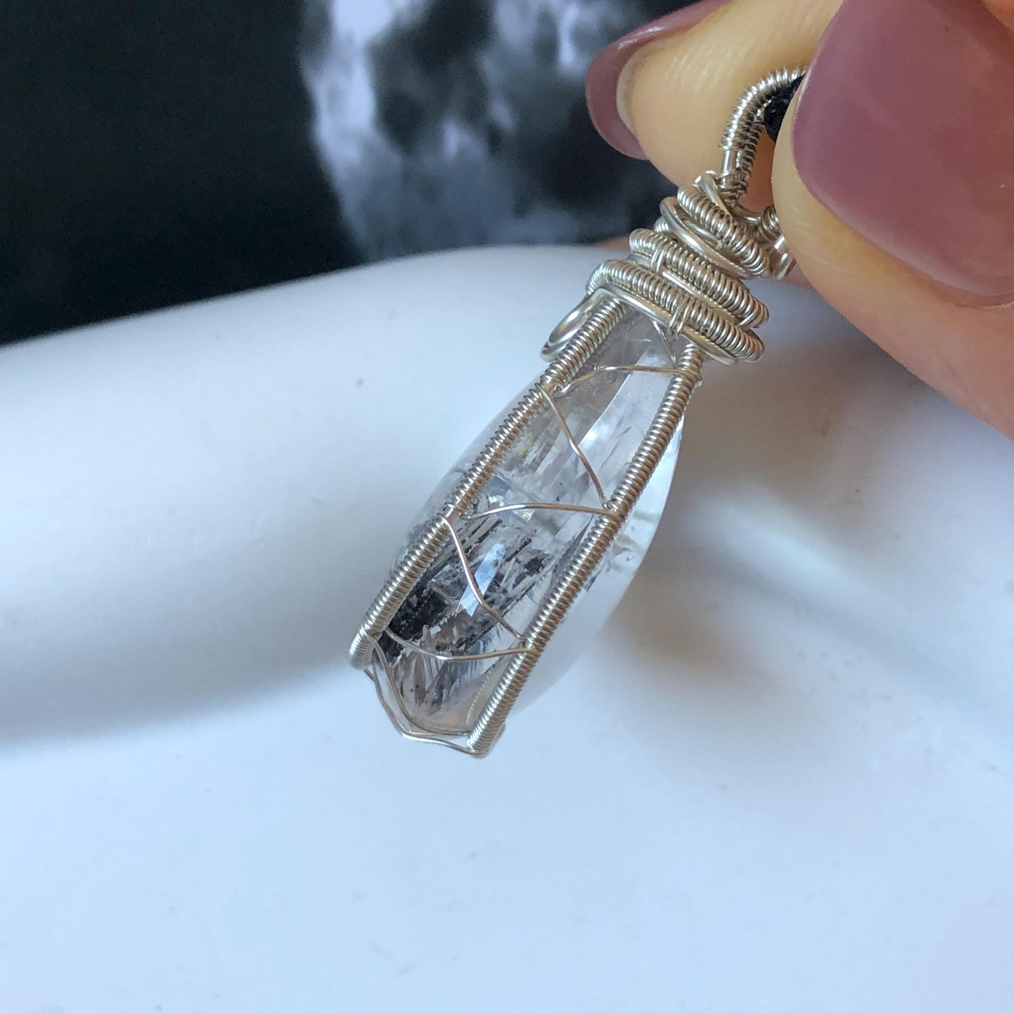 Rare Polished Enhydro Quartz (Herkimer Diamond) Wire Wrapped Pendant Adjustable Necklace: Sand Waterfall! Moving Sand & Mica, Clear Bubble Inclusion Crystal | Natural Gemstone Birthstone Gift for her enhydro quartz sand water-fall pendant necklace choker gemstone charm stone pendant choker polished stone pendant crystal charm birthstone gift for her men necklace chakra crystal purify stone minerals specimen adjustable choker mica quartz mica flakes silver wire wrapped pendant