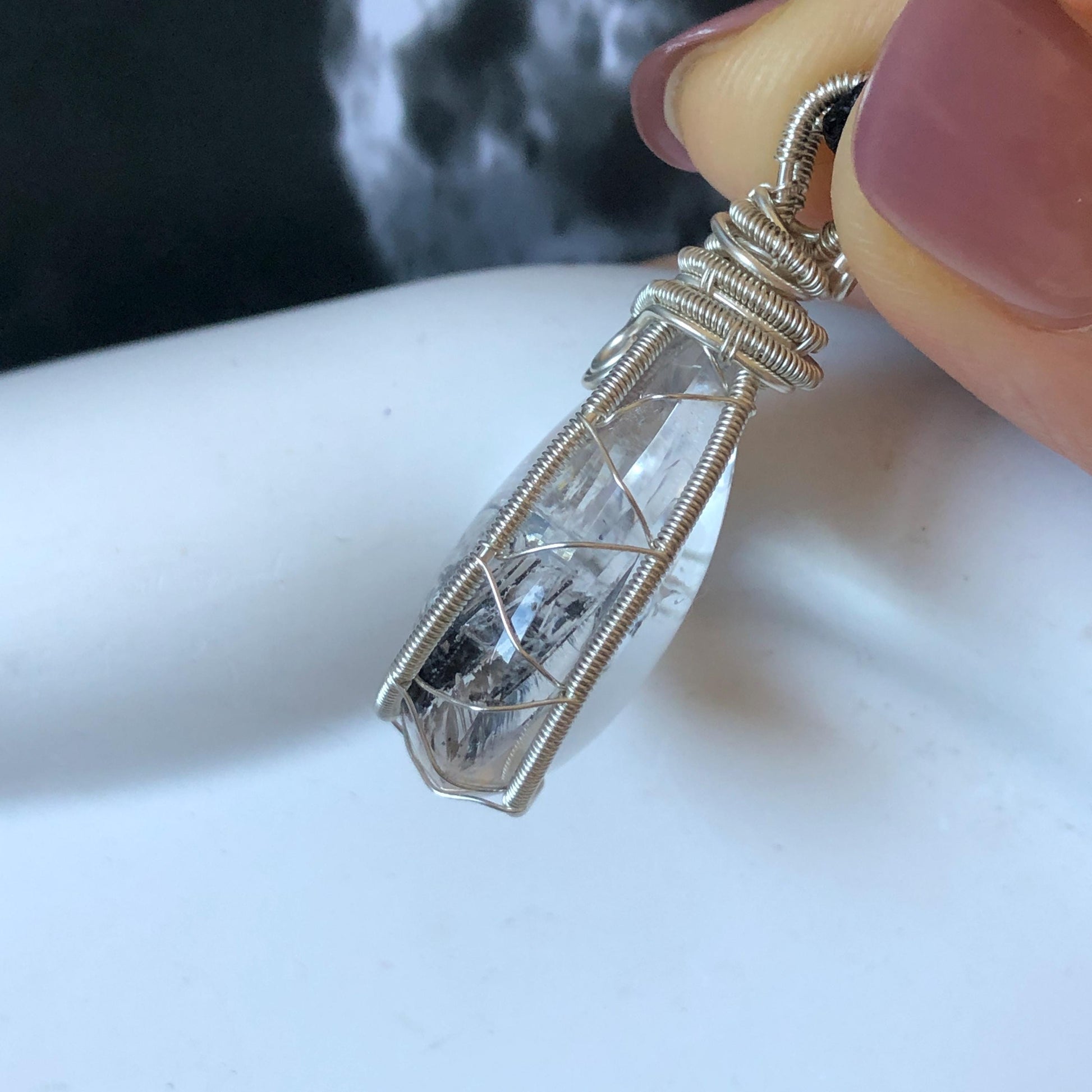 Rare Polished Enhydro Quartz (Herkimer Diamond) Wire Wrapped Pendant Adjustable Necklace: Sand Waterfall! Moving Sand & Mica, Clear Bubble Inclusion Crystal | Natural Gemstone Birthstone Gift for her enhydro quartz sand water-fall pendant necklace choker gemstone charm stone pendant choker polished stone pendant crystal charm birthstone gift for her men necklace chakra crystal purify stone minerals specimen adjustable choker mica quartz mica flakes silver wire wrapped pendant