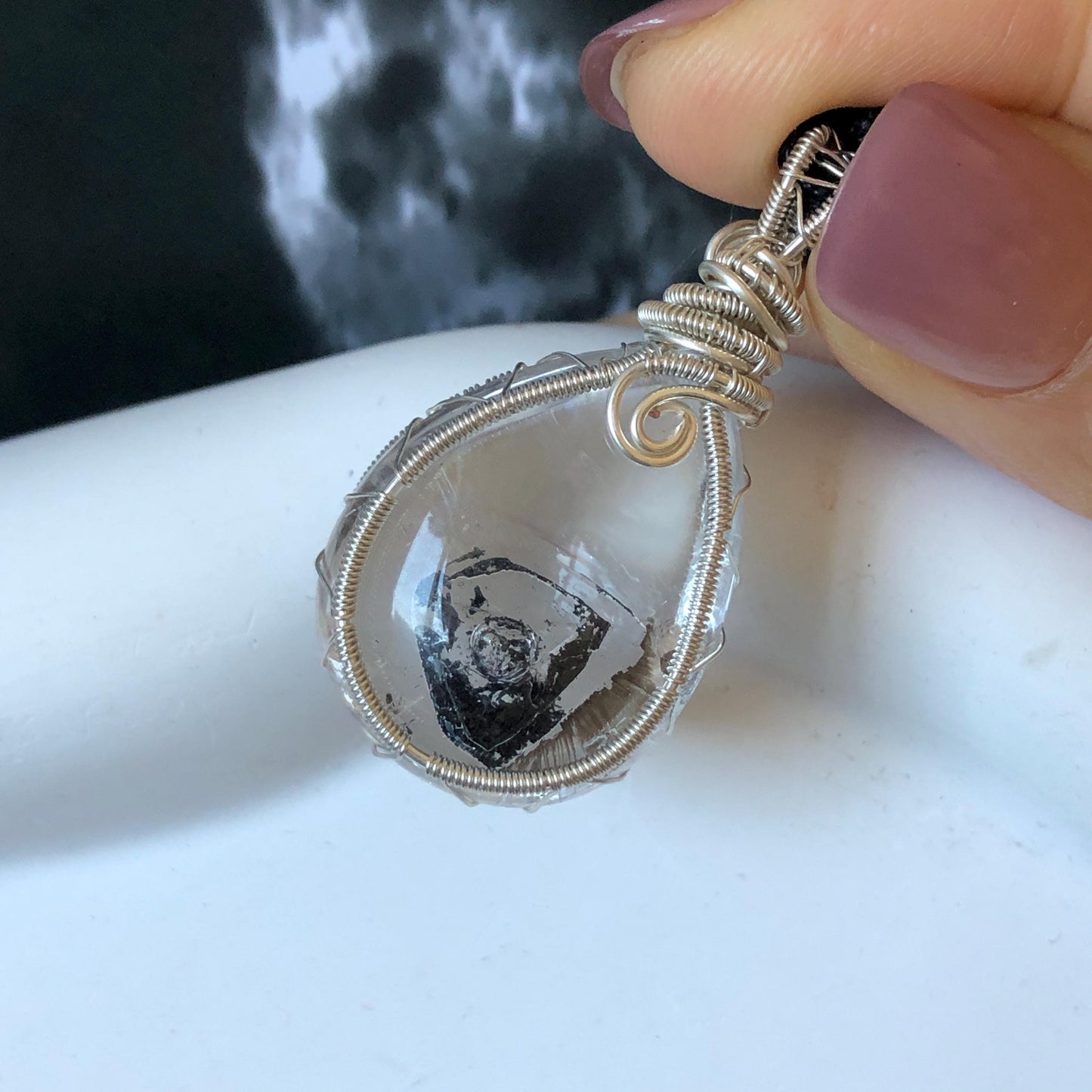 Rare Polished Enhydro Quartz (Herkimer Diamond) Wire Wrapped Pendant Adjustable Necklace: Sand Waterfall! Moving Sand & Mica, Clear Bubble Inclusion Crystal | Natural Gemstone Birthstone Gift for her enhydro quartz sand water-fall pendant necklace choker gemstone charm stone pendant choker polished stone pendant crystal charm birthstone gift for her men necklace chakra crystal purify stone minerals specimen adjustable choker mica quartz mica flakes silver wire wrapped pendant