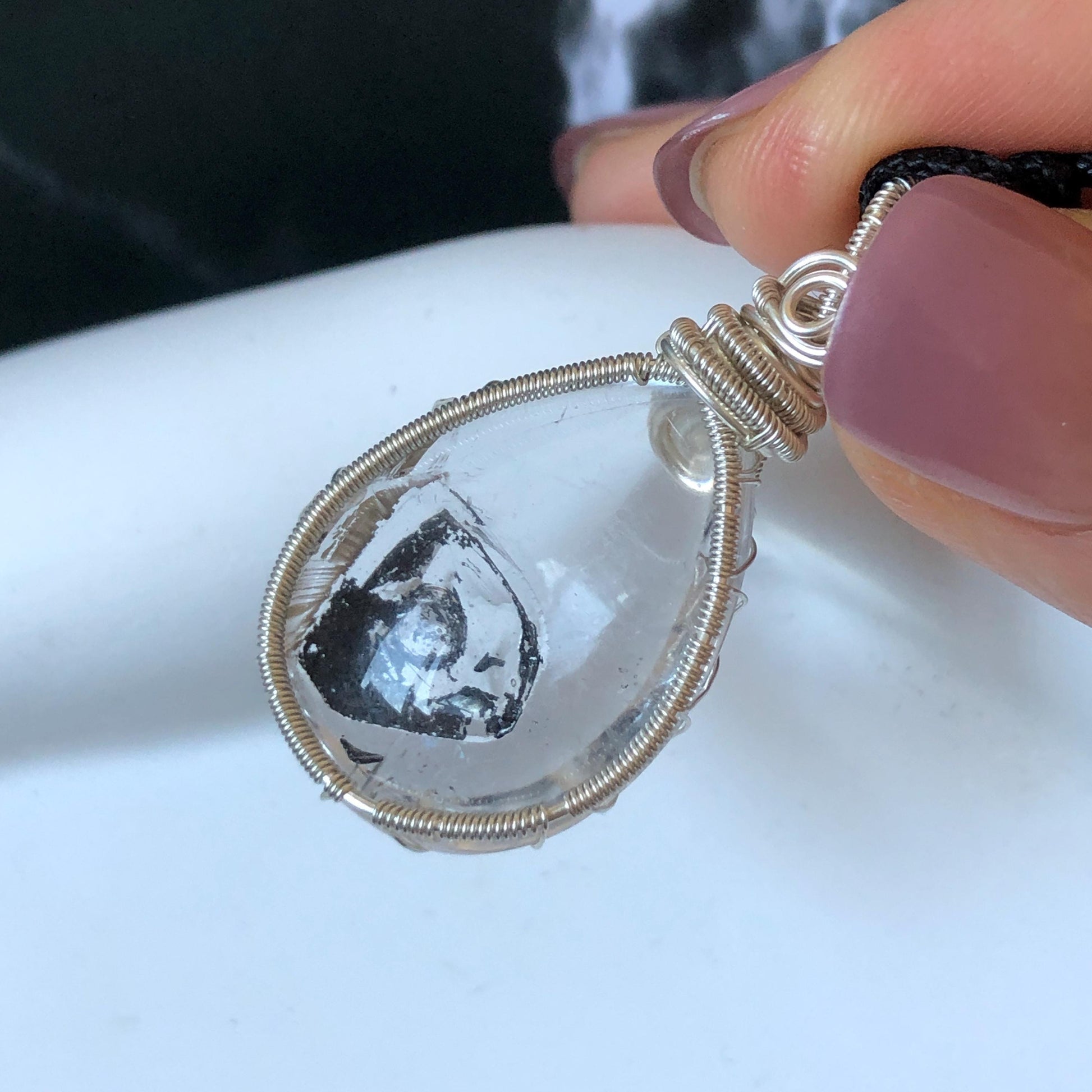 Rare Polished Enhydro Quartz (Herkimer Diamond) Wire Wrapped Pendant Adjustable Necklace: Sand Waterfall! Moving Sand & Mica, Clear Bubble Inclusion Crystal | Natural Gemstone Birthstone Gift for her enhydro quartz sand water-fall pendant necklace choker gemstone charm stone pendant choker polished stone pendant crystal charm birthstone gift for her men necklace chakra crystal purify stone minerals specimen adjustable choker mica quartz mica flakes silver wire wrapped pendant