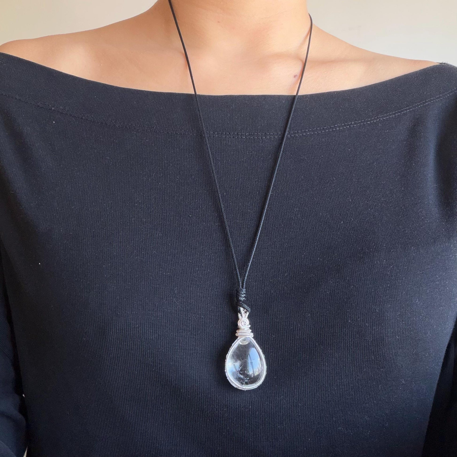 Rare Polished Enhydro Quartz (Herkimer Diamond) Wire Wrapped Pendant Adjustable Necklace: Sand Waterfall! Moving Sand & Mica, Clear Bubble Inclusion Crystal | Natural Gemstone Birthstone Gift for her enhydro quartz sand water-fall pendant necklace choker gemstone charm stone pendant choker polished stone pendant crystal charm birthstone gift for her men necklace chakra crystal purify stone minerals specimen adjustable choker mica quartz mica flakes silver wire wrapped pendant