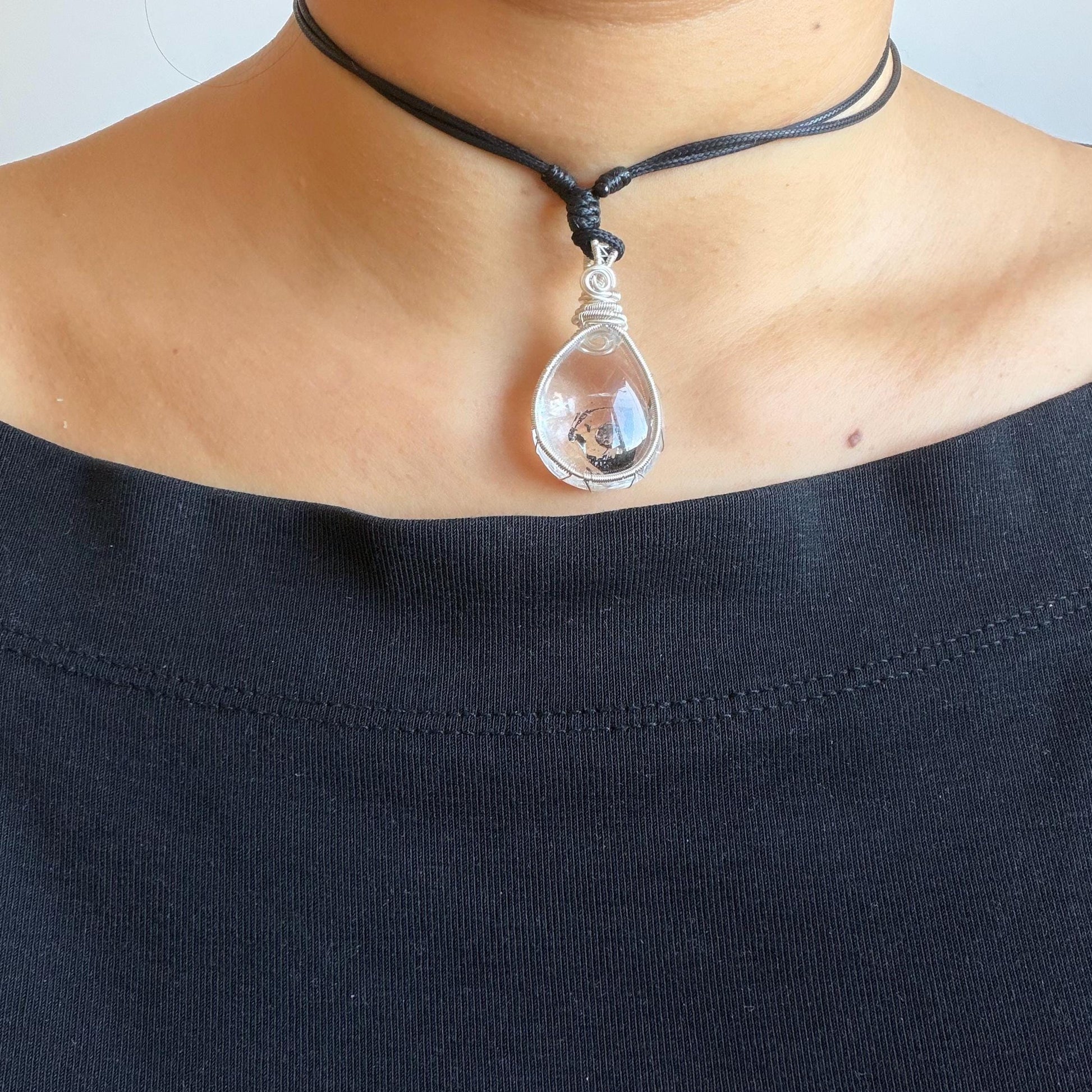 Rare Polished Enhydro Quartz (Herkimer Diamond) Wire Wrapped Pendant Adjustable Necklace: Sand Waterfall! Moving Sand & Mica, Clear Bubble Inclusion Crystal | Natural Gemstone Birthstone Gift for her enhydro quartz sand water-fall pendant necklace choker gemstone charm stone pendant choker polished stone pendant crystal charm birthstone gift for her men necklace chakra crystal purify stone minerals specimen adjustable choker mica quartz mica flakes silver wire wrapped pendant