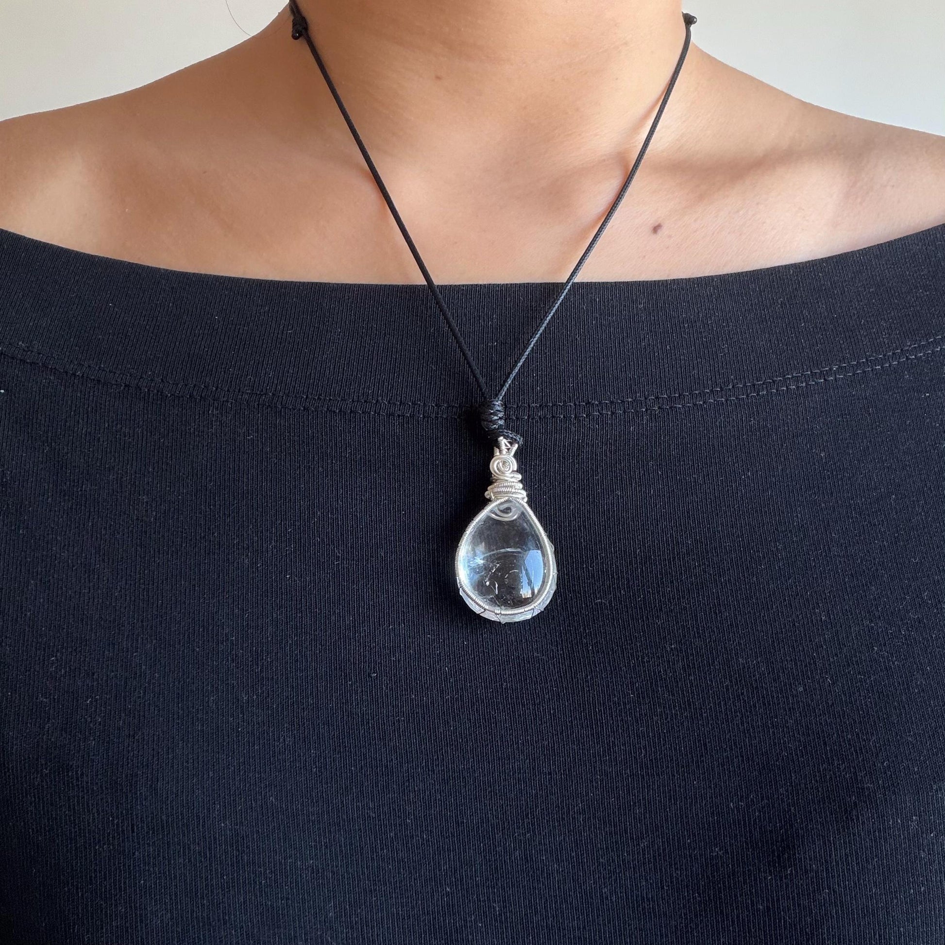 Rare Polished Enhydro Quartz (Herkimer Diamond) Wire Wrapped Pendant Adjustable Necklace: Sand Waterfall! Moving Sand & Mica, Clear Bubble Inclusion Crystal | Natural Gemstone Birthstone Gift for her enhydro quartz sand water-fall pendant necklace choker gemstone charm stone pendant choker polished stone pendant crystal charm birthstone gift for her men necklace chakra crystal purify stone minerals specimen adjustable choker mica quartz mica flakes silver wire wrapped pendant