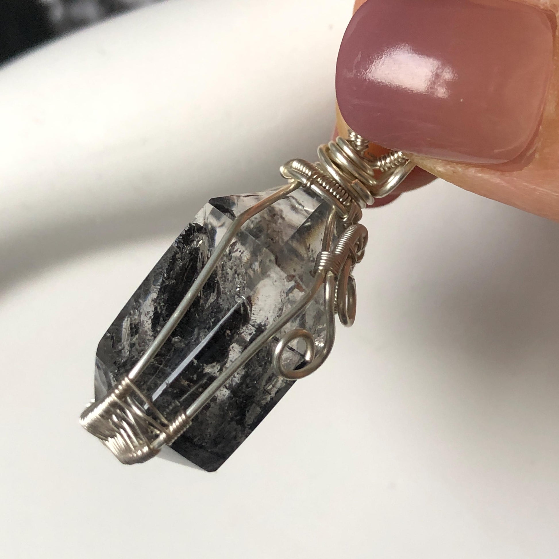 Polished Enhydro Quartz (Herkimer Diamond) Wire Wrapped Pendant Adjustable Necklace: Sand Waterfall! Moving Sand & 2 Big Clear Bubble Inclusion Crystal | Natural Gemstone Birthstone Gift for her  enhydro quartz sand water-fall pendant necklace choker gemstone charm stone pendant choker polished stone pendant crystal charm birthstone gift for her men necklace chakra crystal purify stone minerals specimen adjustable choker mica quartz mica flakes silver wire wrapped pendant