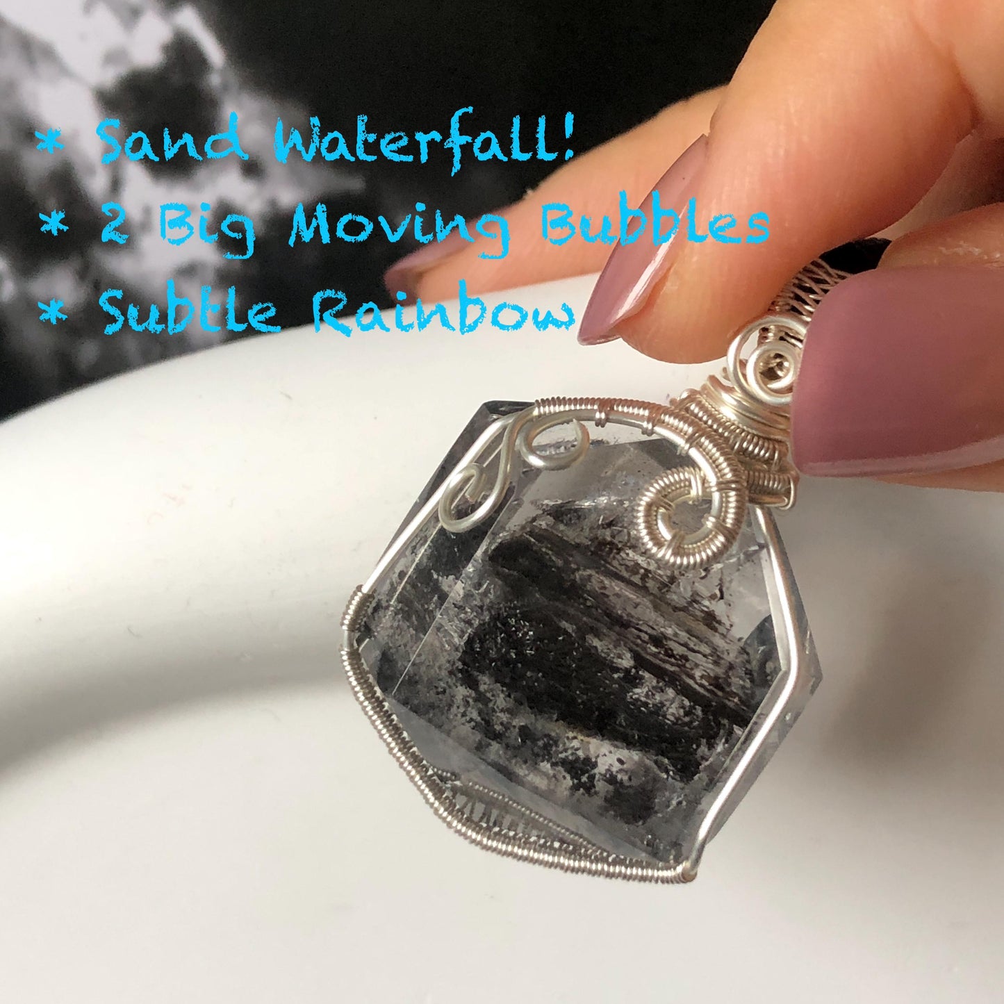 Polished Enhydro Quartz (Herkimer Diamond) Wire Wrapped Pendant Adjustable Necklace: Sand Waterfall! Moving Sand & 2 Big Clear Bubble Inclusion Crystal | Natural Gemstone Birthstone Gift for her  enhydro quartz sand water-fall pendant necklace choker gemstone charm stone pendant choker polished stone pendant crystal charm birthstone gift for her men necklace chakra crystal purify stone minerals specimen adjustable choker mica quartz mica flakes silver wire wrapped pendant