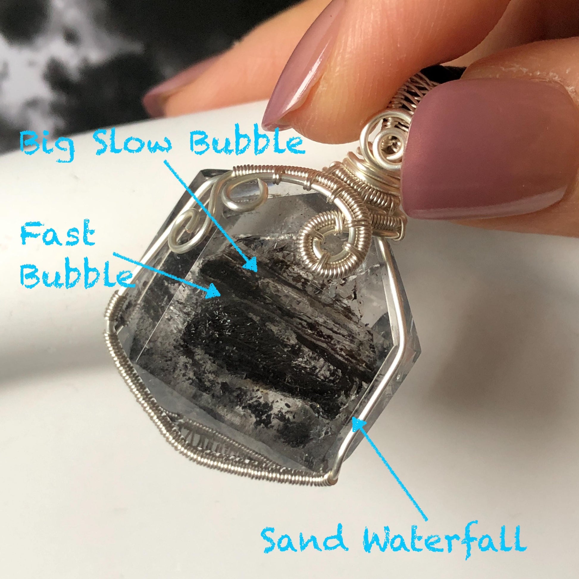 Polished Enhydro Quartz (Herkimer Diamond) Wire Wrapped Pendant Adjustable Necklace: Sand Waterfall! Moving Sand & 2 Big Clear Bubble Inclusion Crystal | Natural Gemstone Birthstone Gift for her  enhydro quartz sand water-fall pendant necklace choker gemstone charm stone pendant choker polished stone pendant crystal charm birthstone gift for her men necklace chakra crystal purify stone minerals specimen adjustable choker mica quartz mica flakes silver wire wrapped pendant