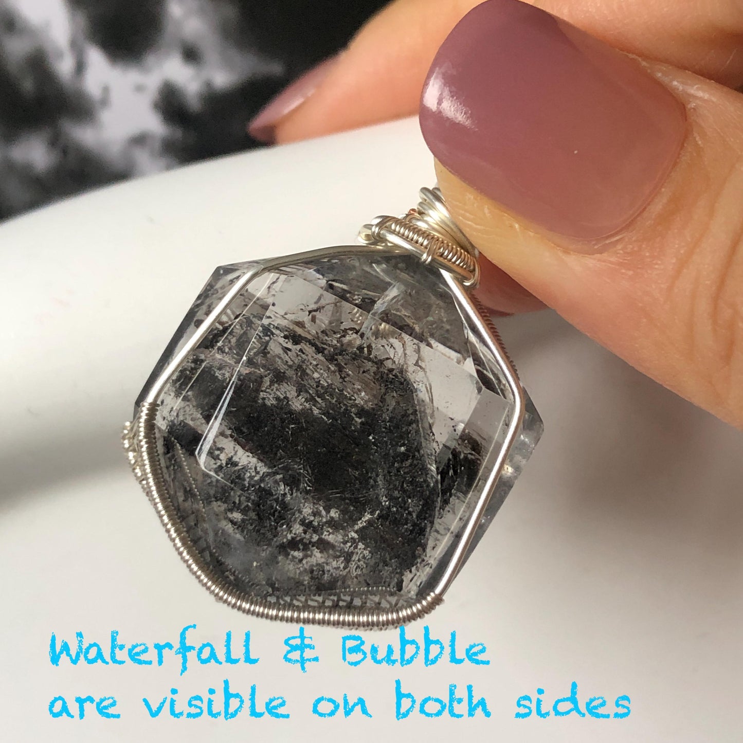 Polished Enhydro Quartz (Herkimer Diamond) Wire Wrapped Pendant Adjustable Necklace: Sand Waterfall! Moving Sand & 2 Big Clear Bubble Inclusion Crystal | Natural Gemstone Birthstone Gift for her  enhydro quartz sand water-fall pendant necklace choker gemstone charm stone pendant choker polished stone pendant crystal charm birthstone gift for her men necklace chakra crystal purify stone minerals specimen adjustable choker mica quartz mica flakes silver wire wrapped pendant
