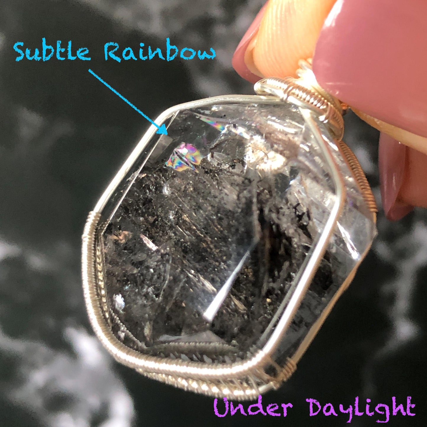 Polished Enhydro Quartz (Herkimer Diamond) Wire Wrapped Pendant Adjustable Necklace: Sand Waterfall! Moving Sand & 2 Big Clear Bubble Inclusion Crystal | Natural Gemstone Birthstone Gift for her  enhydro quartz sand water-fall pendant necklace choker gemstone charm stone pendant choker polished stone pendant crystal charm birthstone gift for her men necklace chakra crystal purify stone minerals specimen adjustable choker mica quartz mica flakes silver wire wrapped pendant