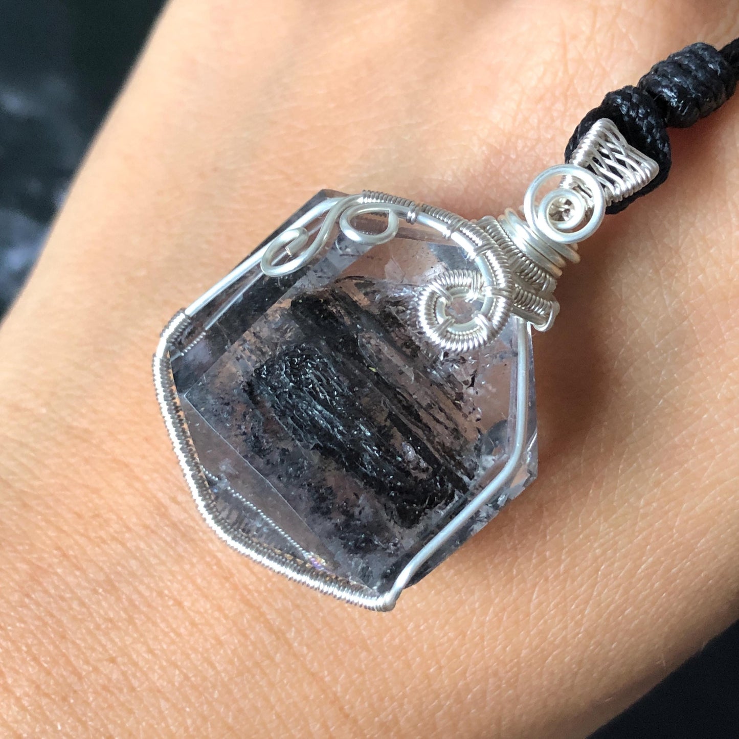 Polished Enhydro Quartz (Herkimer Diamond) Wire Wrapped Pendant Adjustable Necklace: Sand Waterfall! Moving Sand & 2 Big Clear Bubble Inclusion Crystal | Natural Gemstone Birthstone Gift for her  enhydro quartz sand water-fall pendant necklace choker gemstone charm stone pendant choker polished stone pendant crystal charm birthstone gift for her men necklace chakra crystal purify stone minerals specimen adjustable choker mica quartz mica flakes silver wire wrapped pendant