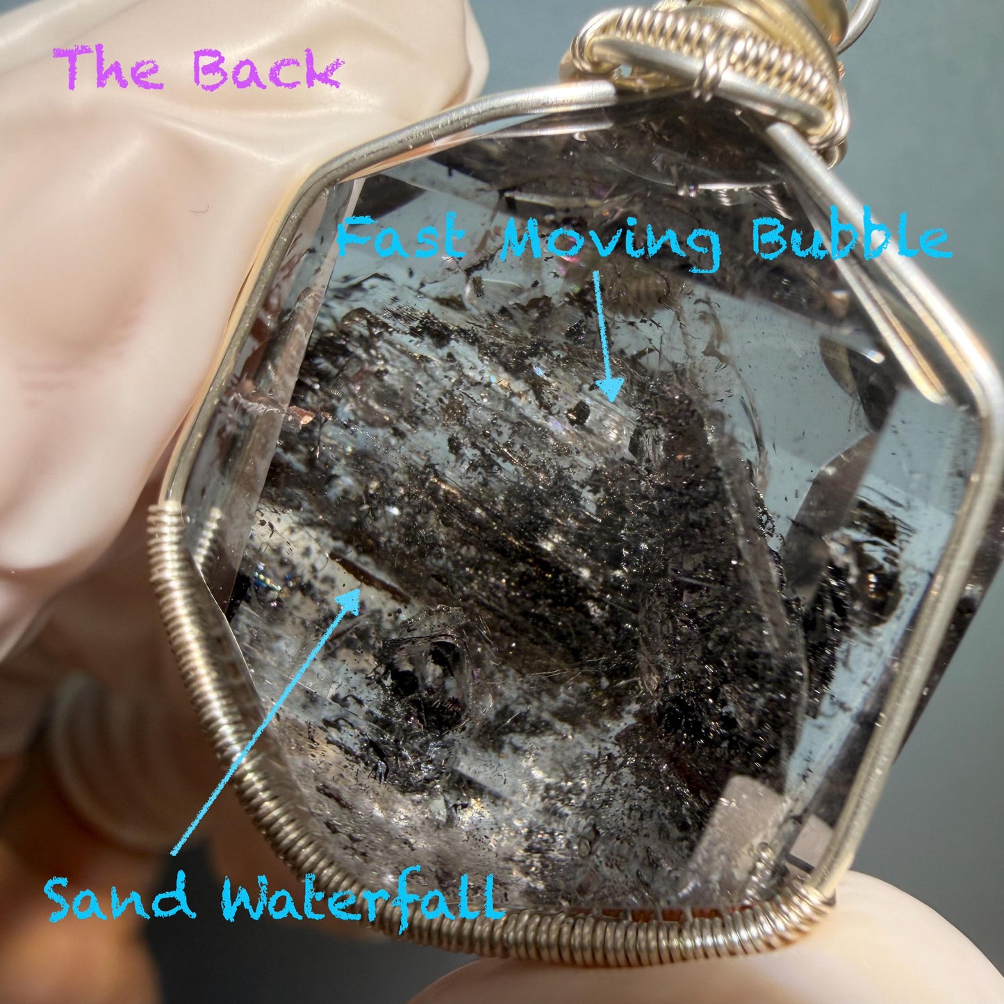 Polished Enhydro Quartz (Herkimer Diamond) Pendant Necklace: Sand Waterfall! Moving Sand & 2 Big Clear Bubble Inclusion Crystal