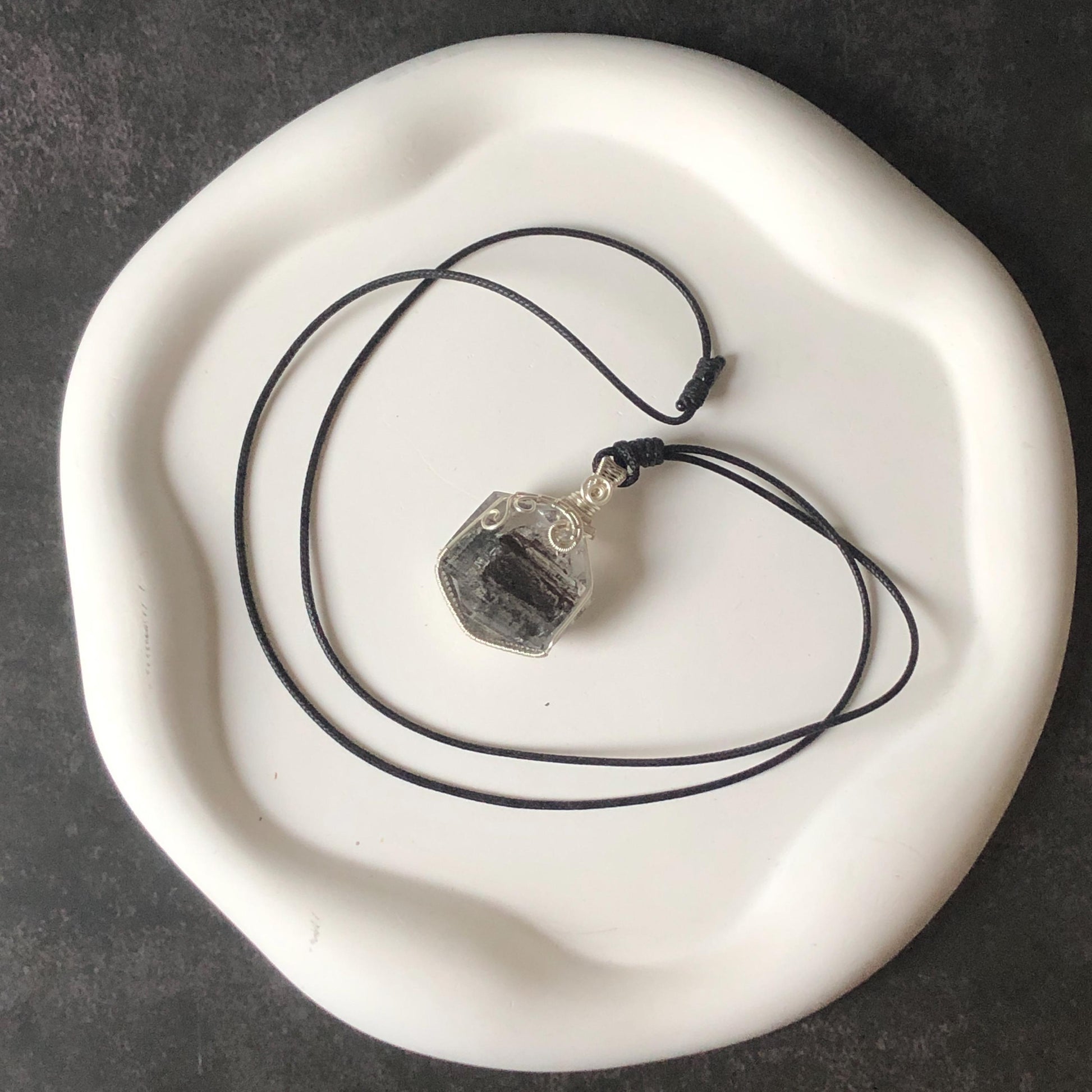 Polished Enhydro Quartz (Herkimer Diamond) Wire Wrapped Pendant Adjustable Necklace: Sand Waterfall! Moving Sand & 2 Big Clear Bubble Inclusion Crystal | Natural Gemstone Birthstone Gift for her  enhydro quartz sand water-fall pendant necklace choker gemstone charm stone pendant choker polished stone pendant crystal charm birthstone gift for her men necklace chakra crystal purify stone minerals specimen adjustable choker mica quartz mica flakes silver wire wrapped pendant