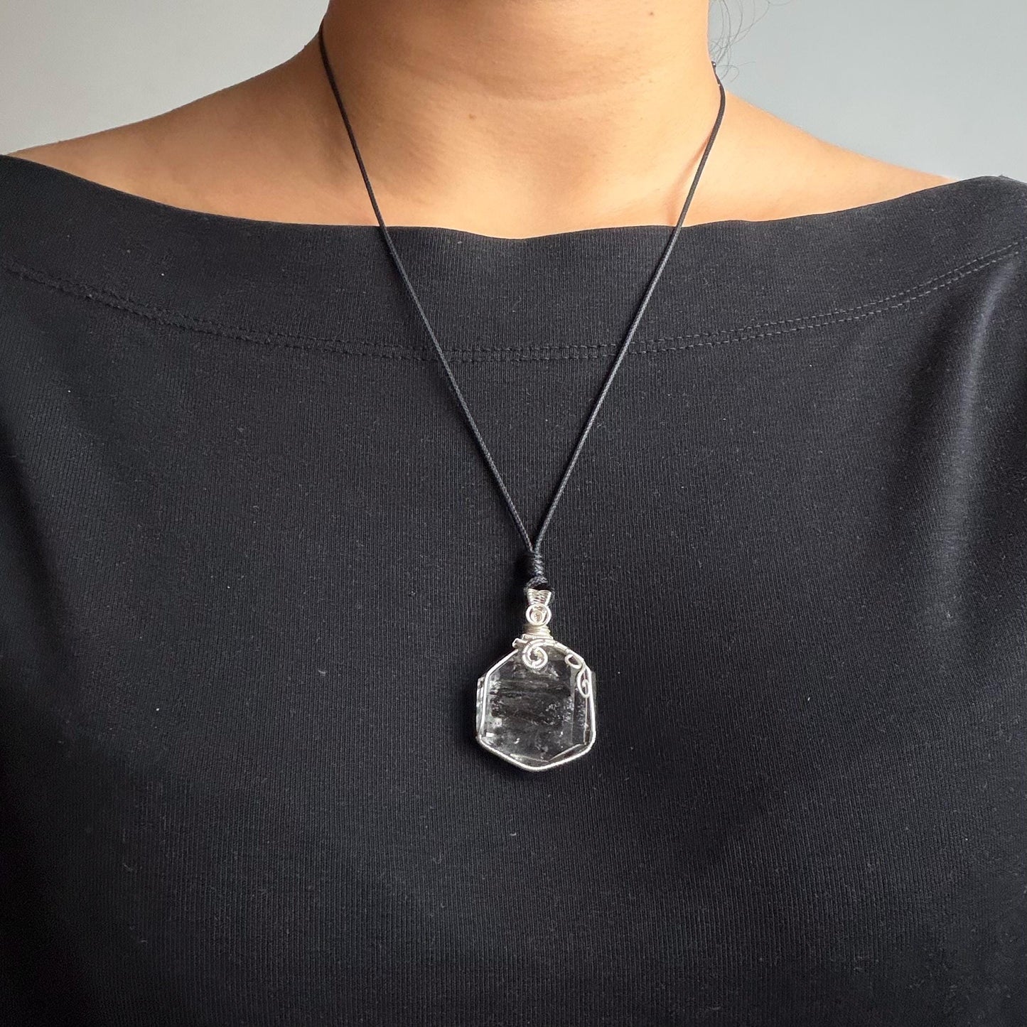 Polished Enhydro Quartz (Herkimer Diamond) Wire Wrapped Pendant Adjustable Necklace: Sand Waterfall! Moving Sand & 2 Big Clear Bubble Inclusion Crystal | Natural Gemstone Birthstone Gift for her  enhydro quartz sand water-fall pendant necklace choker gemstone charm stone pendant choker polished stone pendant crystal charm birthstone gift for her men necklace chakra crystal purify stone minerals specimen adjustable choker mica quartz mica flakes silver wire wrapped pendant