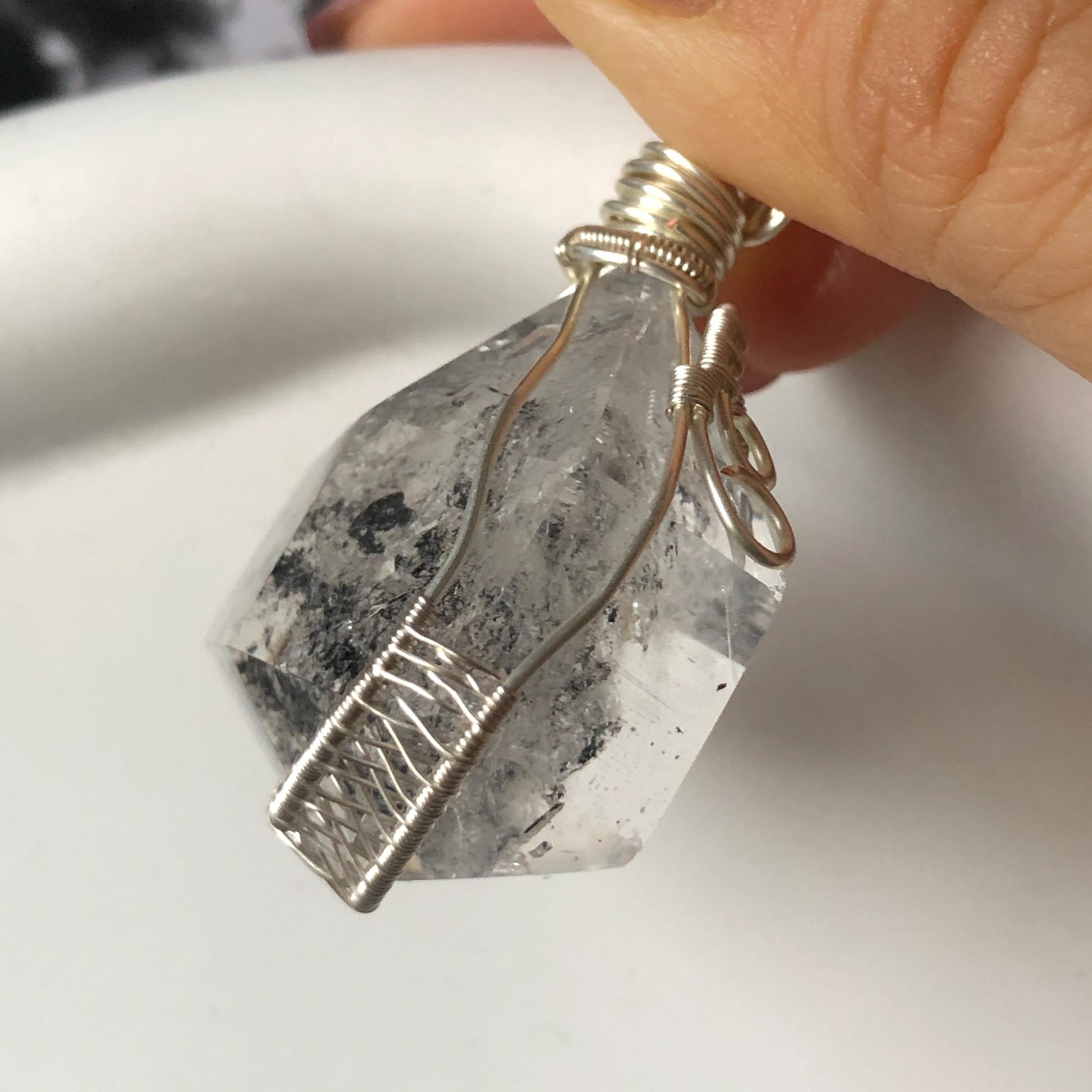 Polished Rainbow Enhydro Quartz (Herkimer Diamond) Wire Wrapped Pendant Adjustable Necklace: Sand Waterfall! Moving Sand & Water Bubble Inclusion Crystal | Natural Gemstone Birthstone Gift for her  enhydro quartz sand water-fall pendant necklace choker gemstone charm stone pendant choker polished stone pendant crystal charm birthstone gift for her men necklace chakra crystal purify stone minerals specimen adjustable choker mica quartz mica flakes silver wire wrapped pendant