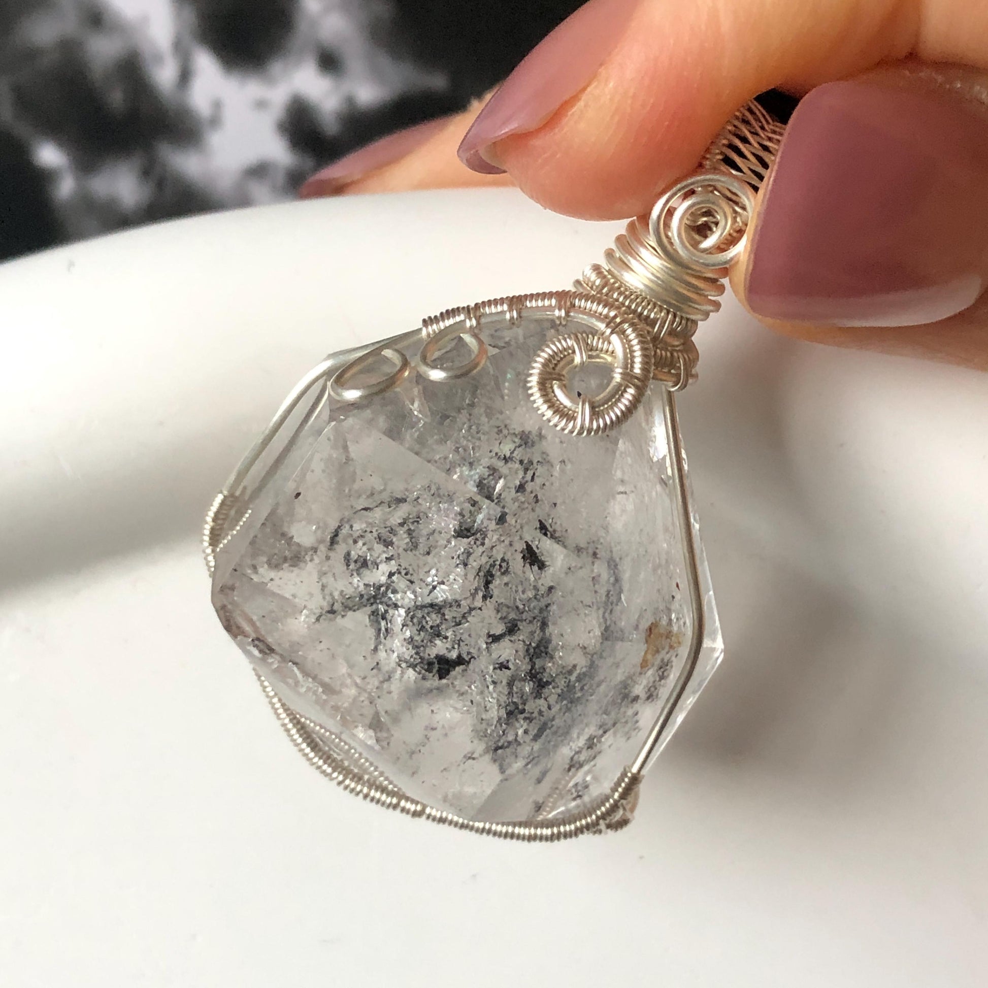 Polished Rainbow Enhydro Quartz (Herkimer Diamond) Wire Wrapped Pendant Adjustable Necklace: Sand Waterfall! Moving Sand & Water Bubble Inclusion Crystal | Natural Gemstone Birthstone Gift for her  enhydro quartz sand water-fall pendant necklace choker gemstone charm stone pendant choker polished stone pendant crystal charm birthstone gift for her men necklace chakra crystal purify stone minerals specimen adjustable choker mica quartz mica flakes silver wire wrapped pendant