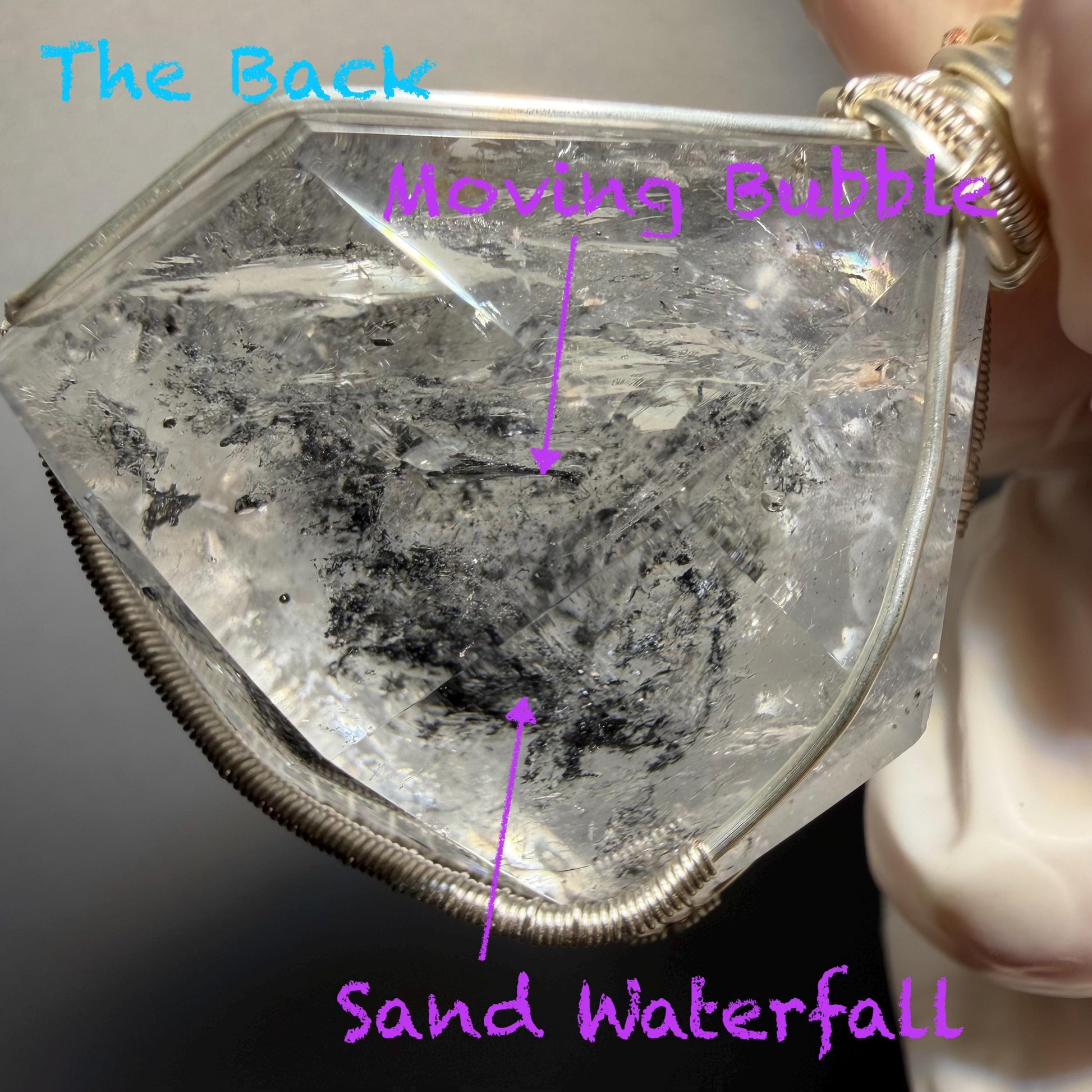 Polished Rainbow Enhydro Quartz (Herkimer Diamond) Wire Wrapped Pendant Adjustable Necklace: Sand Waterfall! Moving Sand & Water Bubble Inclusion Crystal | Natural Gemstone Birthstone Gift for her  enhydro quartz sand water-fall pendant necklace choker gemstone charm stone pendant choker polished stone pendant crystal charm birthstone gift for her men necklace chakra crystal purify stone minerals specimen adjustable choker mica quartz mica flakes silver wire wrapped pendant