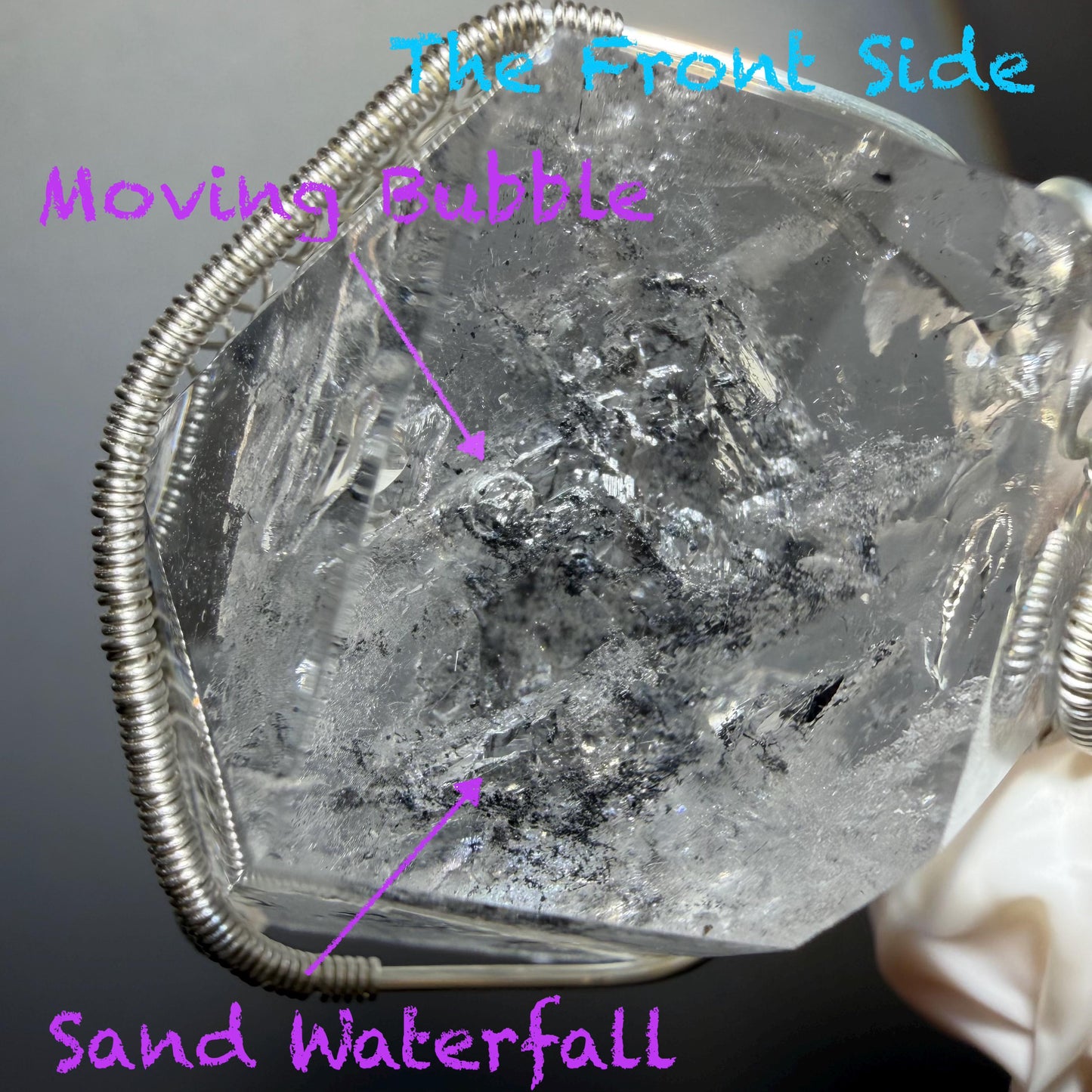 Polished Rainbow Enhydro Quartz (Herkimer Diamond) Wire Wrapped Pendant Adjustable Necklace: Sand Waterfall! Moving Sand & Water Bubble Inclusion Crystal | Natural Gemstone Birthstone Gift for her  enhydro quartz sand water-fall pendant necklace choker gemstone charm stone pendant choker polished stone pendant crystal charm birthstone gift for her men necklace chakra crystal purify stone minerals specimen adjustable choker mica quartz mica flakes silver wire wrapped pendant