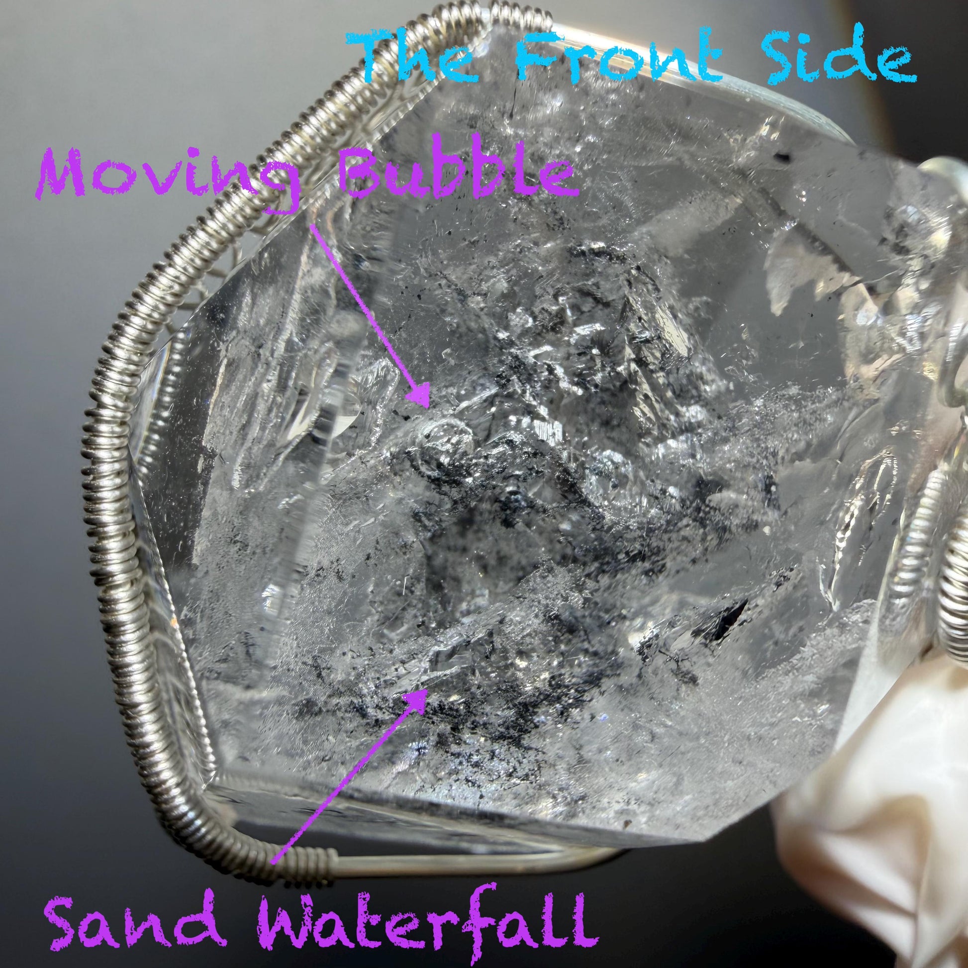 Polished Rainbow Enhydro Quartz (Herkimer Diamond) Wire Wrapped Pendant Adjustable Necklace: Sand Waterfall! Moving Sand & Water Bubble Inclusion Crystal | Natural Gemstone Birthstone Gift for her  enhydro quartz sand water-fall pendant necklace choker gemstone charm stone pendant choker polished stone pendant crystal charm birthstone gift for her men necklace chakra crystal purify stone minerals specimen adjustable choker mica quartz mica flakes silver wire wrapped pendant