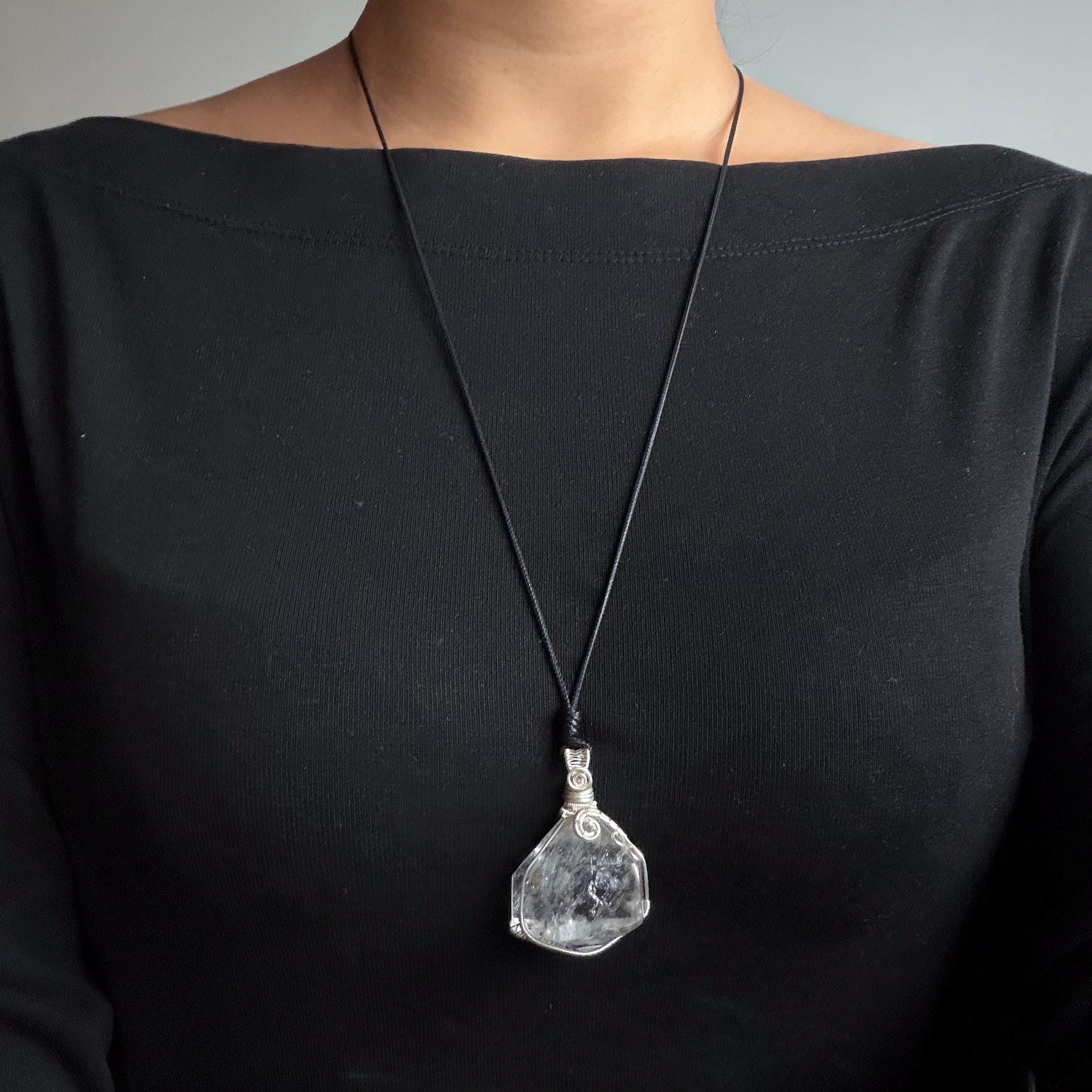 Polished Rainbow Enhydro Quartz (Herkimer Diamond) Wire Wrapped Pendant Adjustable Necklace: Sand Waterfall! Moving Sand & Water Bubble Inclusion Crystal | Natural Gemstone Birthstone Gift for her  enhydro quartz sand water-fall pendant necklace choker gemstone charm stone pendant choker polished stone pendant crystal charm birthstone gift for her men necklace chakra crystal purify stone minerals specimen adjustable choker mica quartz mica flakes silver wire wrapped pendant