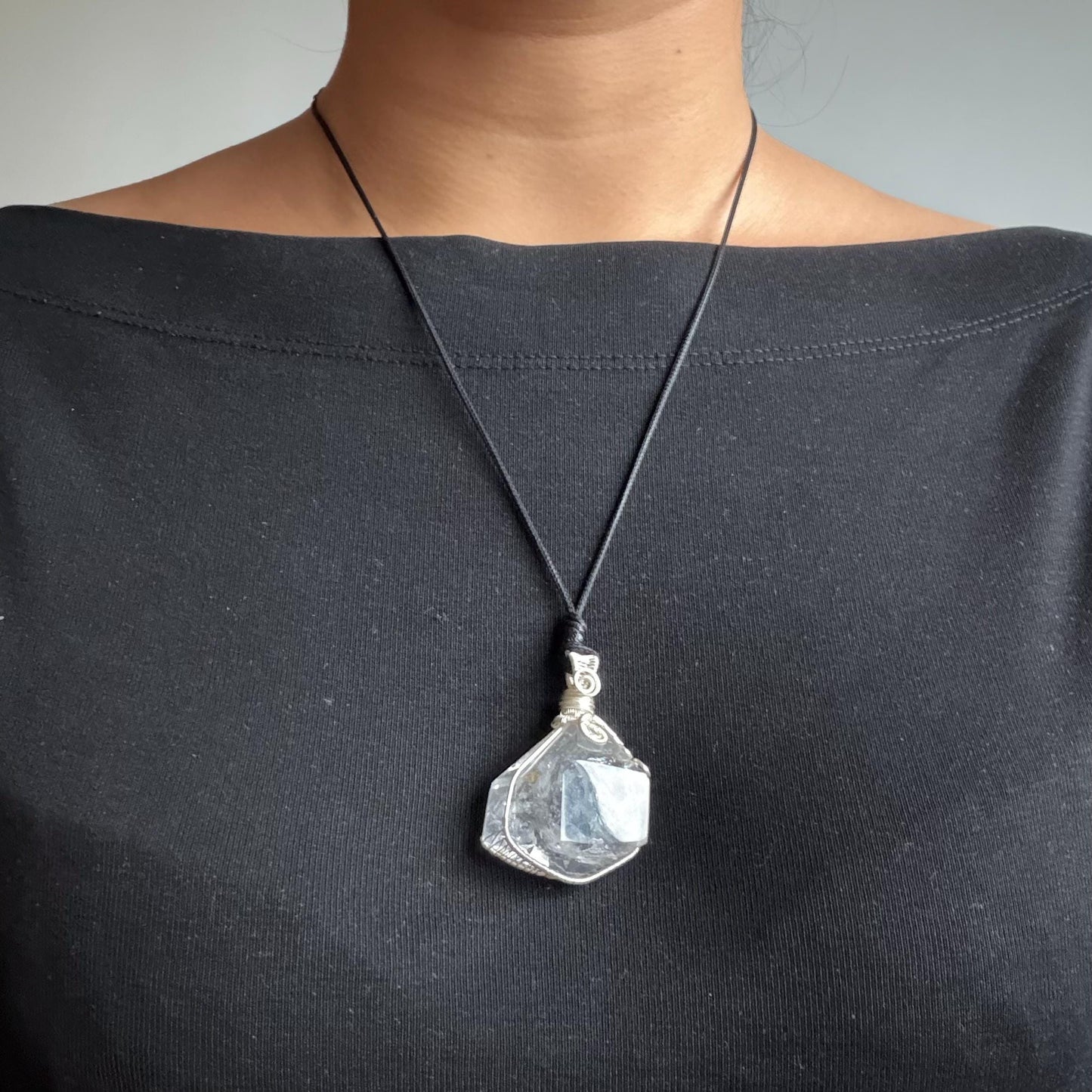 Polished Rainbow Enhydro Quartz (Herkimer Diamond) Wire Wrapped Pendant Adjustable Necklace: Sand Waterfall! Moving Sand & Water Bubble Inclusion Crystal | Natural Gemstone Birthstone Gift for her  enhydro quartz sand water-fall pendant necklace choker gemstone charm stone pendant choker polished stone pendant crystal charm birthstone gift for her men necklace chakra crystal purify stone minerals specimen adjustable choker mica quartz mica flakes silver wire wrapped pendant