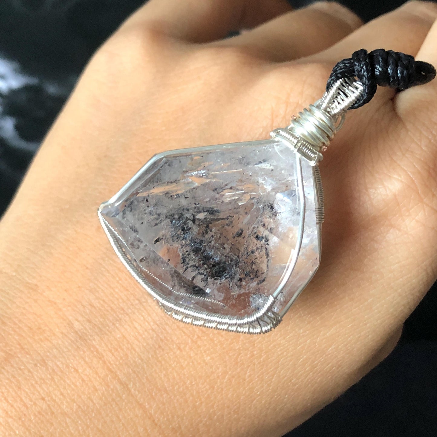 Polished Rainbow Enhydro Quartz (Herkimer Diamond) Wire Wrapped Pendant Adjustable Necklace: Sand Waterfall! Moving Sand & Water Bubble Inclusion Crystal | Natural Gemstone Birthstone Gift for her  enhydro quartz sand water-fall pendant necklace choker gemstone charm stone pendant choker polished stone pendant crystal charm birthstone gift for her men necklace chakra crystal purify stone minerals specimen adjustable choker mica quartz mica flakes silver wire wrapped pendant