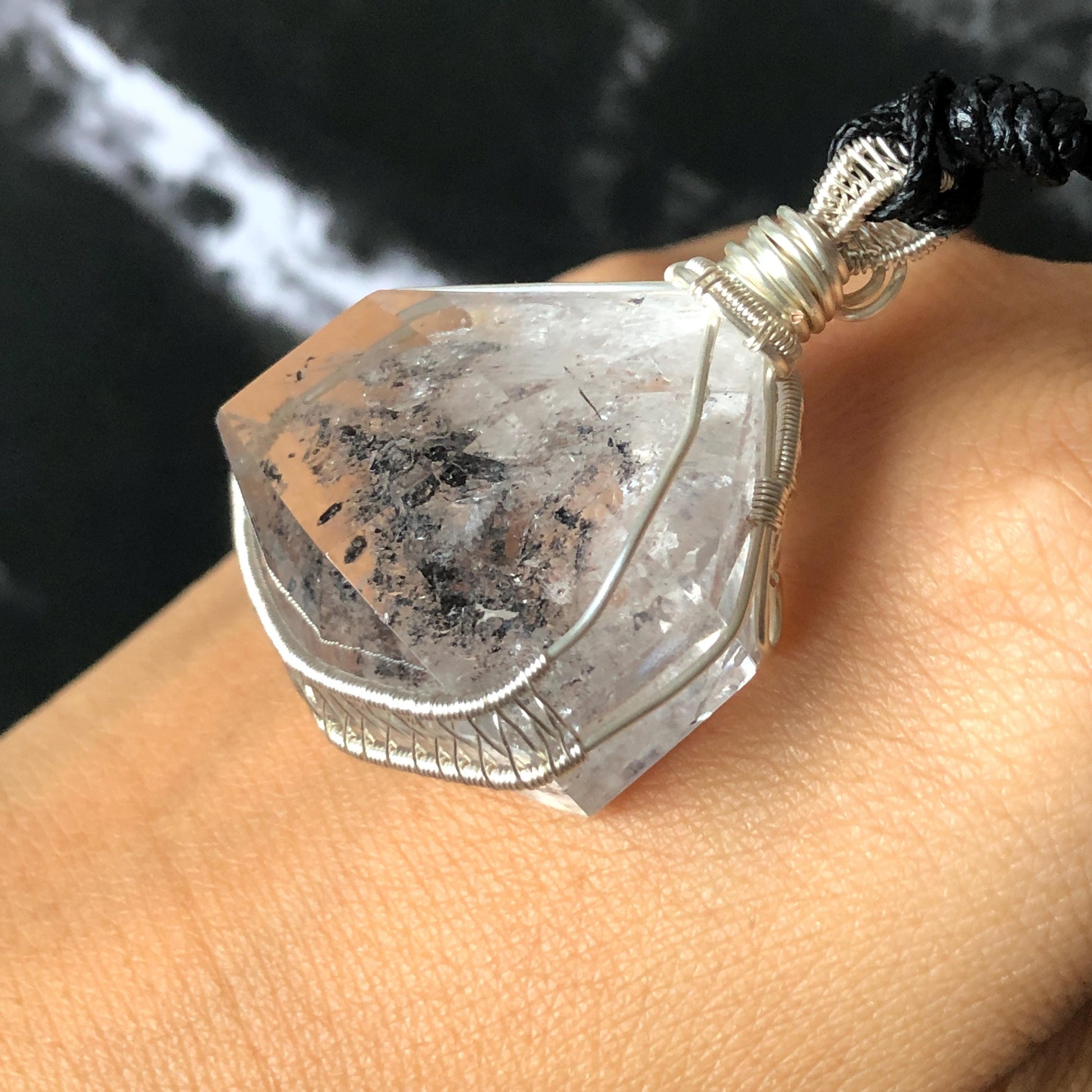 Polished Rainbow Enhydro Quartz (Herkimer Diamond) Wire Wrapped Pendant Adjustable Necklace: Sand Waterfall! Moving Sand & Water Bubble Inclusion Crystal | Natural Gemstone Birthstone Gift for her  enhydro quartz sand water-fall pendant necklace choker gemstone charm stone pendant choker polished stone pendant crystal charm birthstone gift for her men necklace chakra crystal purify stone minerals specimen adjustable choker mica quartz mica flakes silver wire wrapped pendant