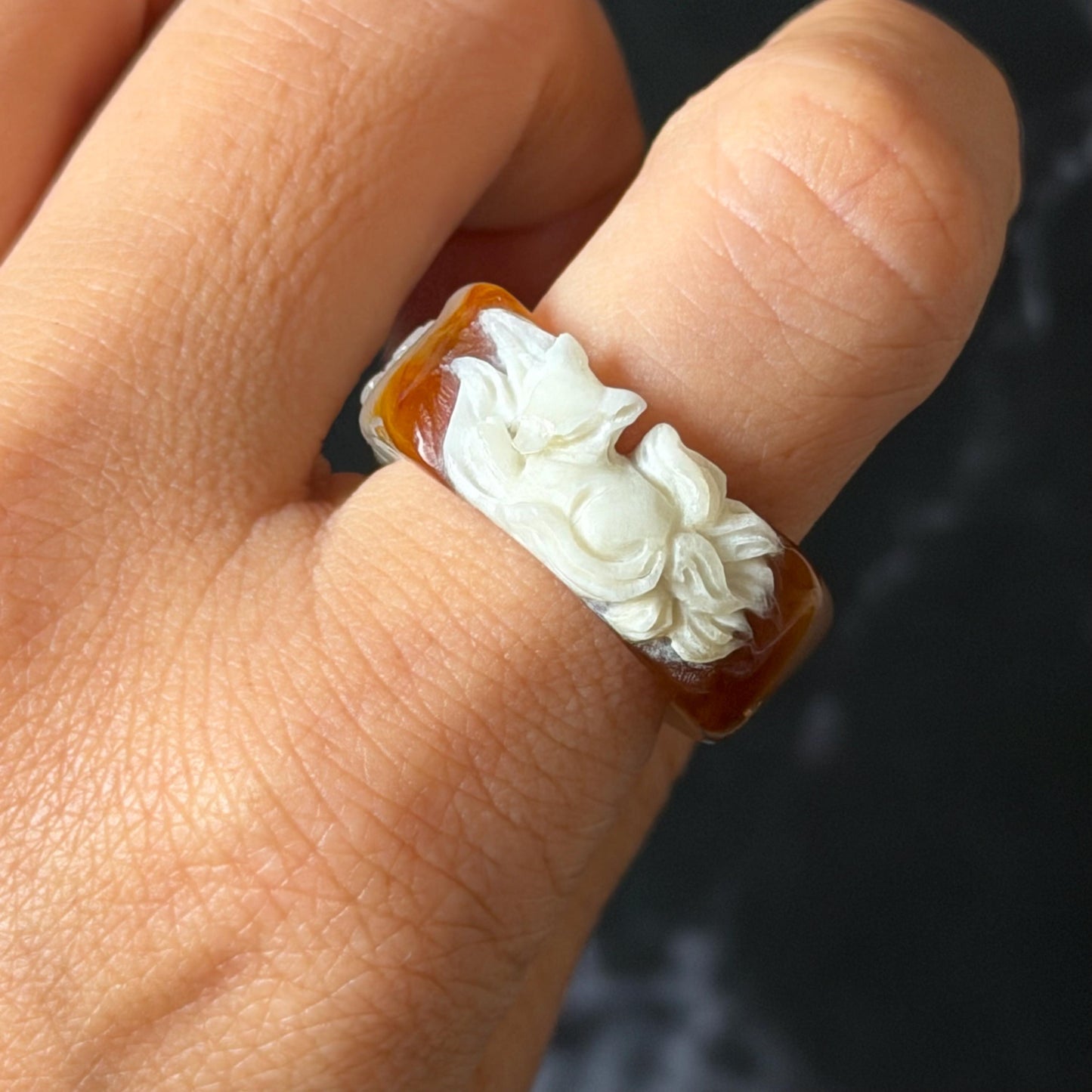 Xiu Jade Serpentine Hand Carved Nine-tailed Fox Statement Ring 17.7mm (US 7.5): Natural Brown Yellow White Jade 3D Fox Carving Stone Band Ring gift for her yellow jade carving white jade nine tail fox carving hand engraved statement ring peony carving hand carved flower carving moon carving moon ring natural untreated jade