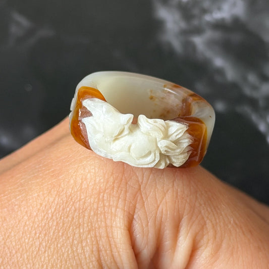 Xiu Jade Serpentine Hand Carved Nine-tailed Fox Statement Ring 17.7mm (US 7.5): Natural Brown Yellow White Jade 3D Fox Carving Stone Band Ring gift for her yellow jade carving white jade nine tail fox carving hand engraved statement ring peony carving hand carved flower carving moon carving moon ring natural untreated jade