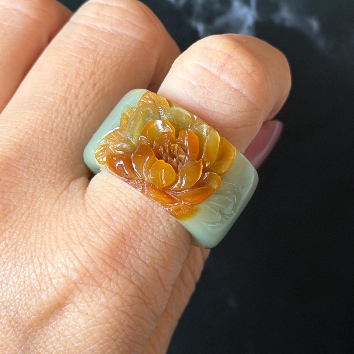 Xiu Jade Serpentine Hand Carved Peony Flower Statement Ring 18.2mm (US 7.75): Natural Brown & Green Jade 3D Flower Carving Stone Thumb Ring Band Ring gift for her brown jade carving green jade peony carving hand engraved statement ring flower carving hand carved flower natural untreated jade handcrafted jade ring