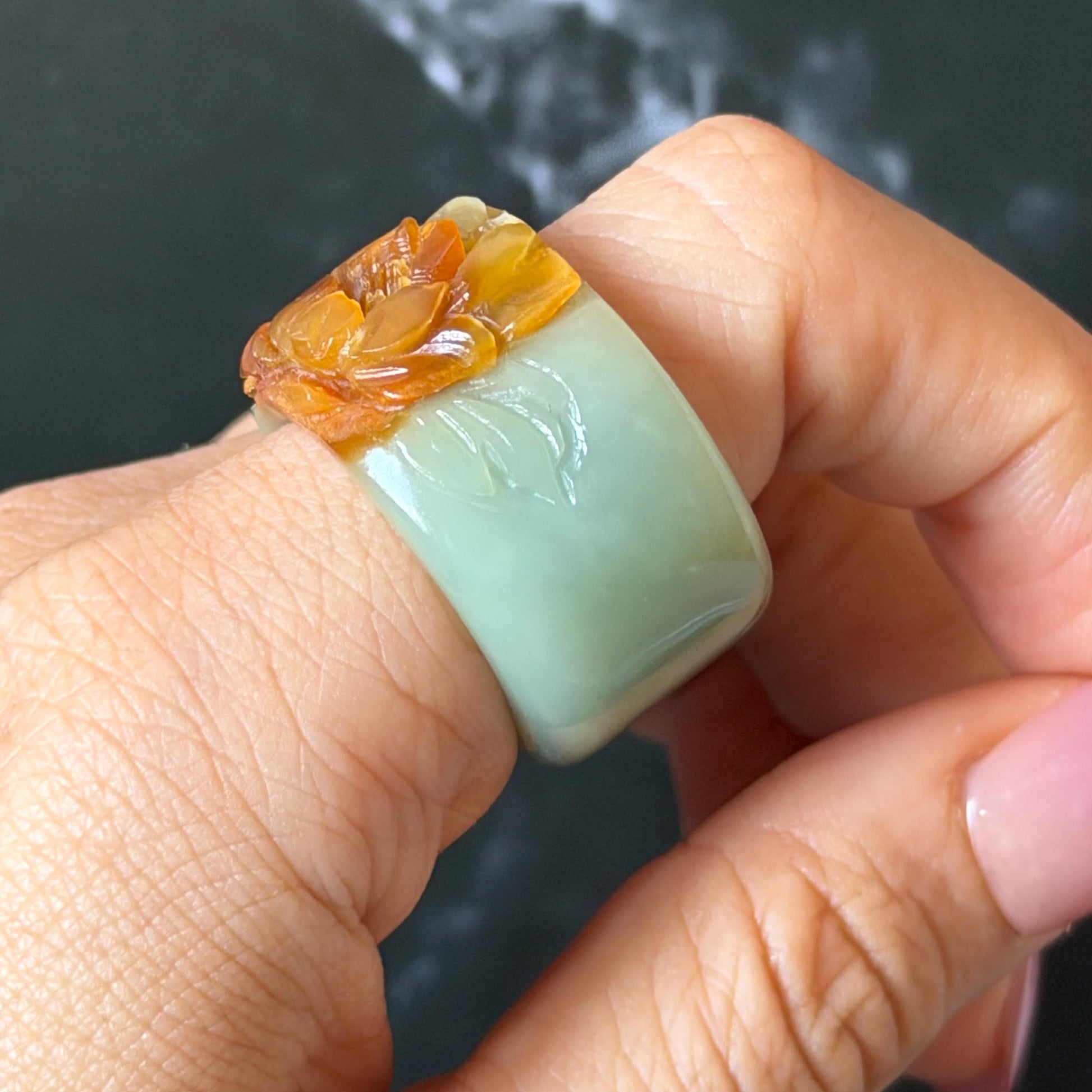 Xiu Jade Serpentine Hand Carved Peony Flower Statement Ring 18.2mm (US 7.75): Natural Brown & Green Jade 3D Flower Carving Stone Thumb Ring Band Ring gift for her brown jade carving green jade peony carving hand engraved statement ring flower carving hand carved flower natural untreated jade handcrafted jade ring